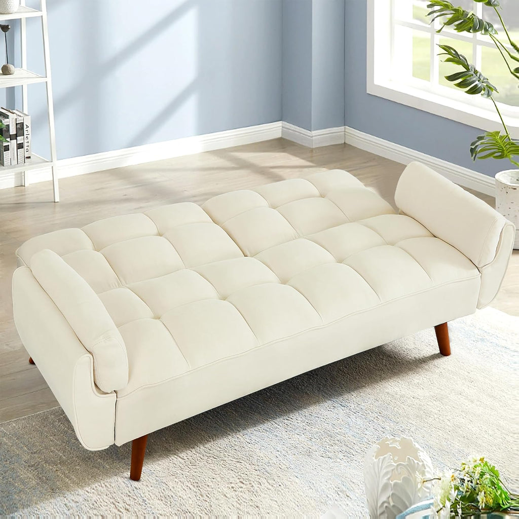 Convertible Futon Sofa Bed, Sleeper Couch Bed with Adjustable Backrests, Linen 3 Seater Small Couches for Small Spaces, Living Room, Bedroom(Beige, 75')