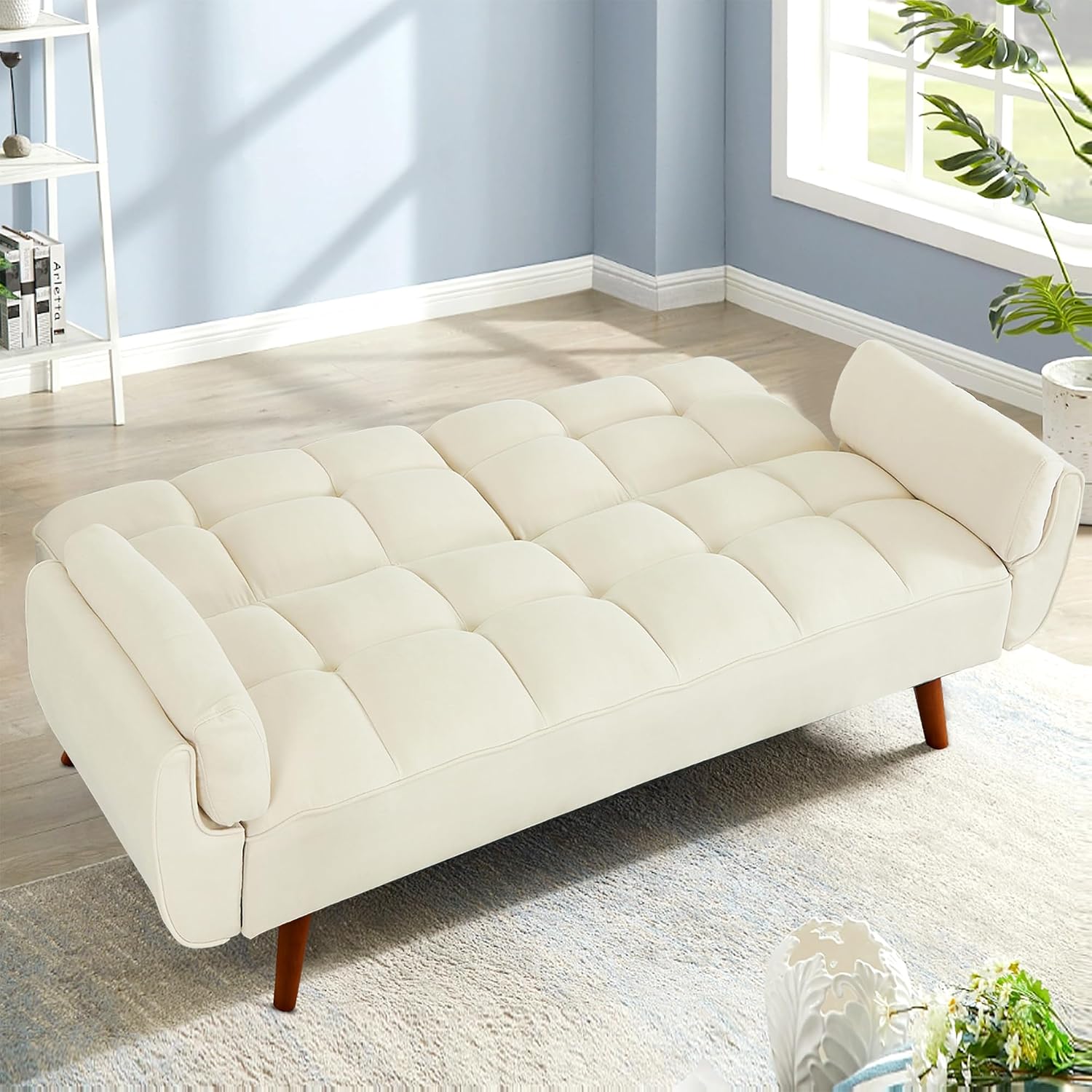 Convertible Futon Sofa Bed, Sleeper Couch Bed with Adjustable Backrests, Linen 3 Seater Small Couches for Small Spaces, Living Room, Bedroom(Beige, 75')