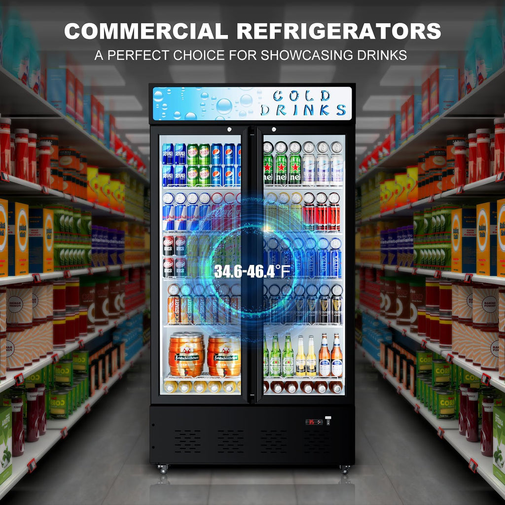 Commercial Beverage Refrigerator, 30 Cu.ft. Fridge Display Glass Door Upright Display Door with Adjustable Shelves LED Light for Restaurant,Grocery Stores,Office