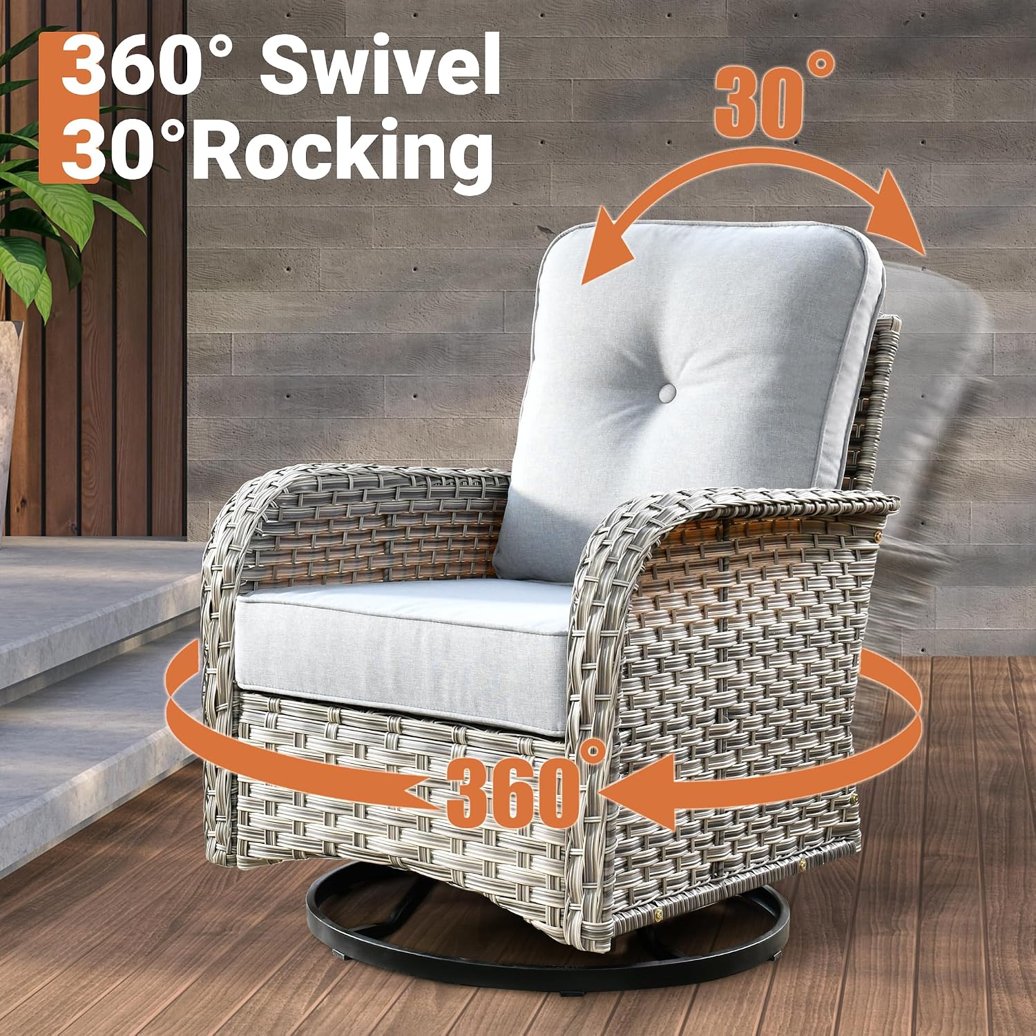 ovios Outdoor Swivel Rocking Chair Set of 3 with Coffee Table, Patio Wicker Rocker with Comfortable Thicken Deep Seating, Comfy Rattan Glider Chairs for Porch Deck Balcony Garden Backyard, Grey