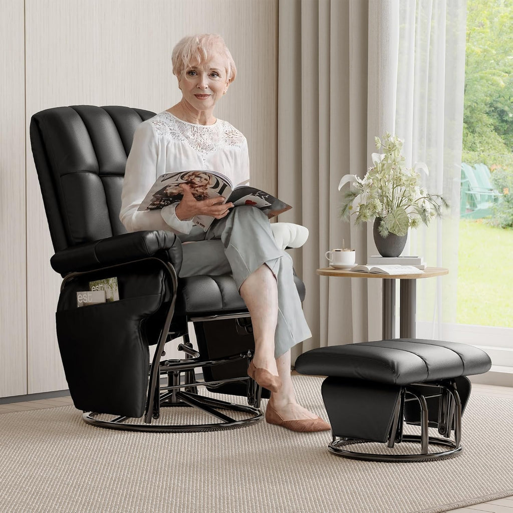 JIASTING 360° Swivel Recliner Chair, Nursing Glider Rocking Recliner Chair with Ottoman & Side Pockets, Gliding Chair for Nursery, Office, Living Room, Bedroom, Metal Frame