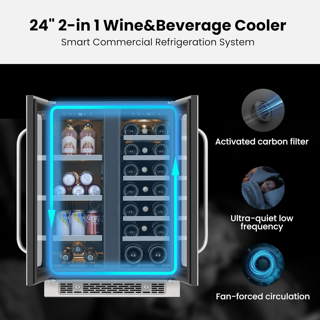 24 Inch Beverage And Wine Refrigerator Under Counter Dual Zone French Door Wine Fridge For Beer Drink Home Bar 20 Bottles 80 Cans