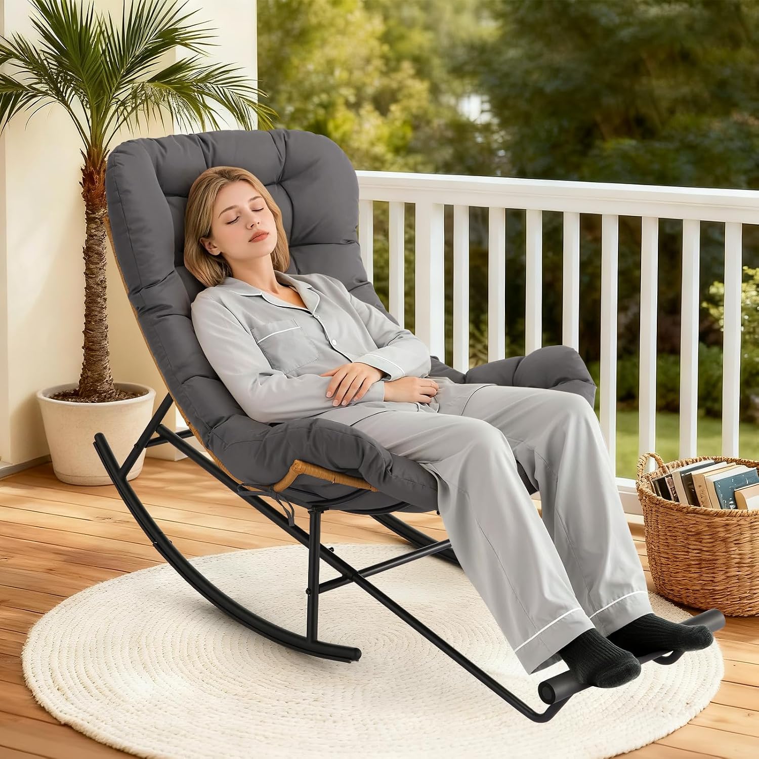 IDEALHOSUE Papasan Rocking Chair with Foot Rest, Ergonomic Papasan Chair with Thick Waterproof Cushion, Metal Frame & PE Rattan Lounge Chairs for Living Room Bedroom Relaxation Space
