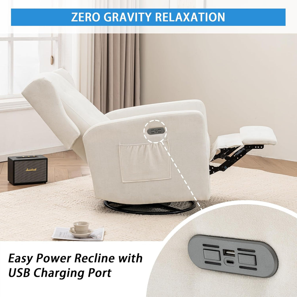 Swivel Rocker Power Recliner Chair for Nursery, 270° Swivel Glider Recliner with USB & Type-C Charging, Electric Reclining Chair with Storage Pockets, Upholstered Recliner for Living Room(Cream)
