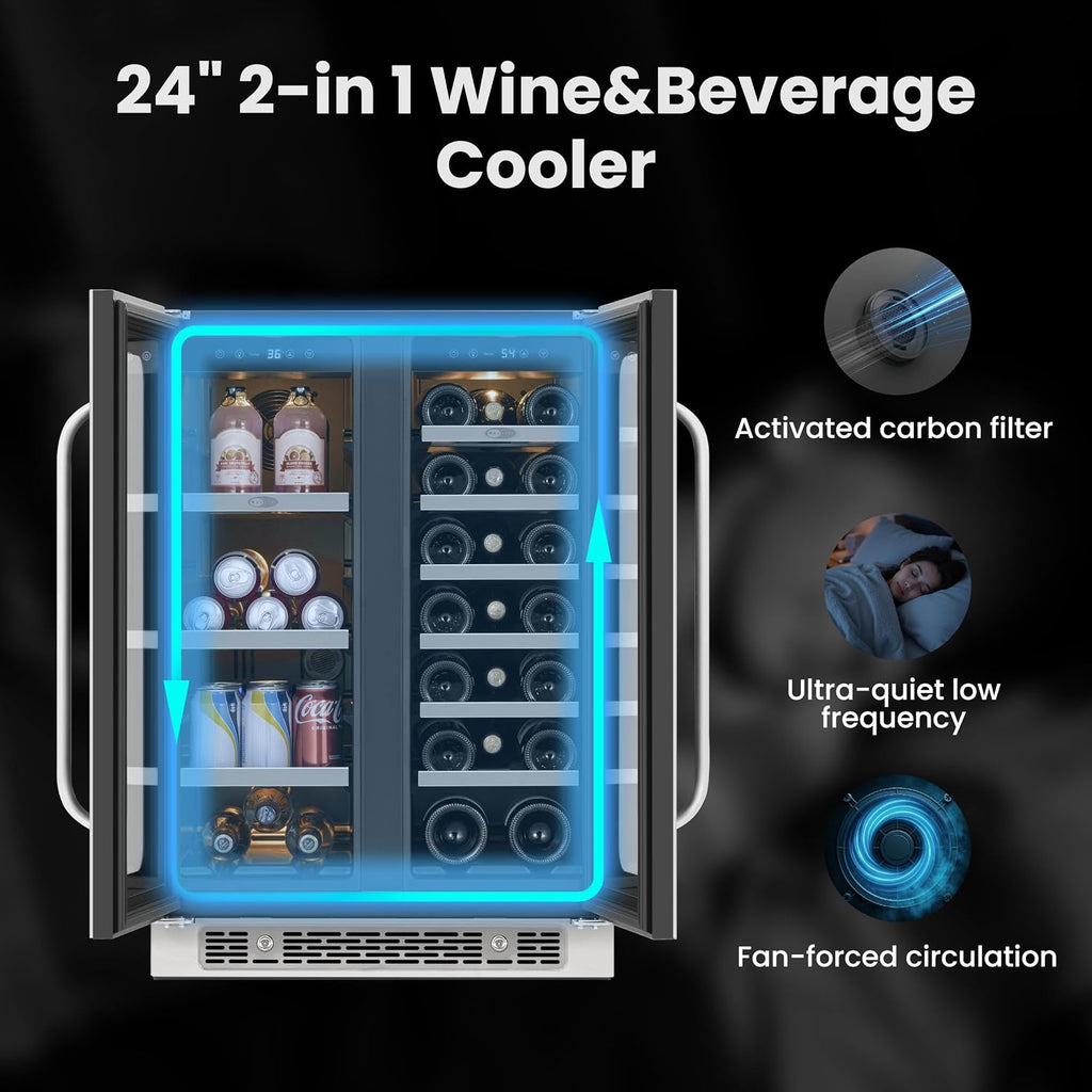 Wine and Beverage Fridge Glass Door Dual Zone 20 Bottles 60 Cans Built in Beverage Refrigerator or Freestanding Wine Cooler Under Counter French Door Refrigerators for Beer Drink Home Bar 5.65 Cu.ft
