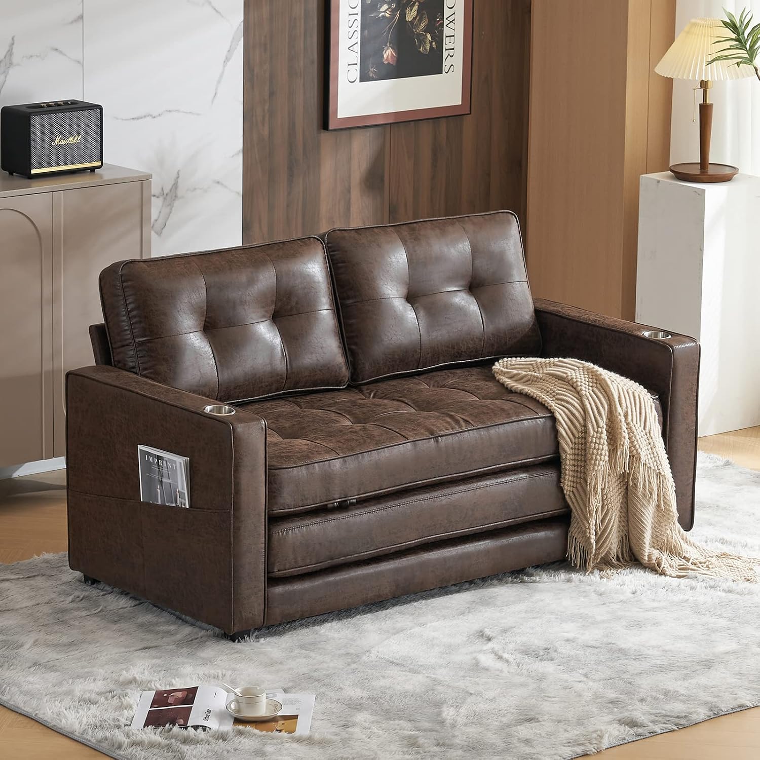 VINGLI Upgraded 64' W 84' L Full Size Futon Sofa Bed, 6' Thick Upholstery Rustic Microfiber Loveseat Sofa Sleeper Pull Out Couch,Convertible Floor Couch for Living Room, Bedroom, Entertainment Room
