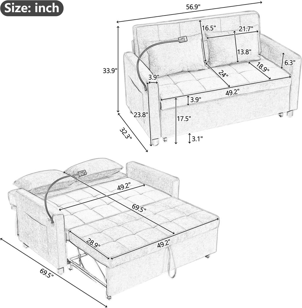 Merax 3 in 1 Convertible Sleeper Sofa Bed, Futon Couches for Living Room with USB Ports | Phone Holder| Reversible Backrest | Pull Out Couch |Small Loveseat,Grey