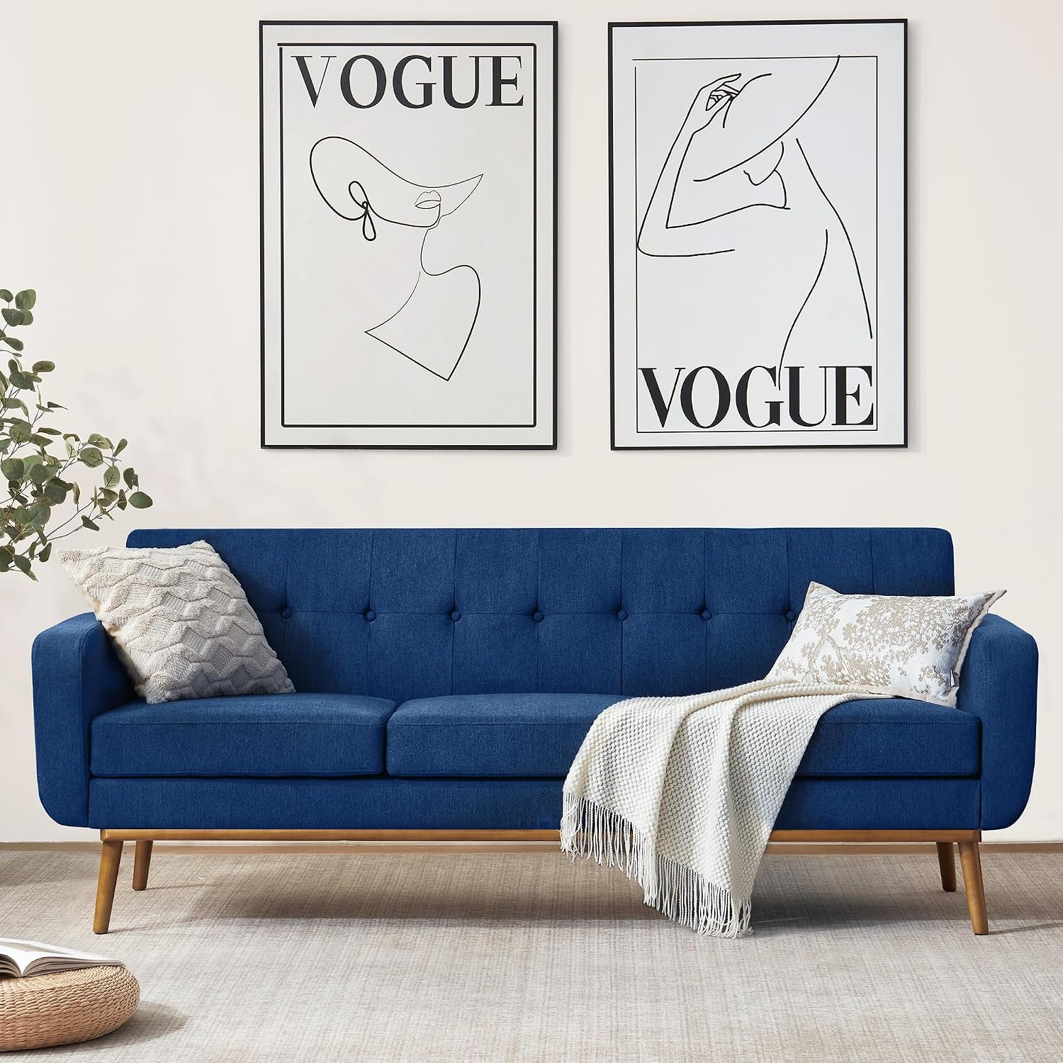 HUIMO Sofa Couch, Mid Century Modern Sofa with Solid Wood Frame, Button Tufted Couch for Bedroom, Living Room, Office, Apartment (Dark Blue, 80 inch)