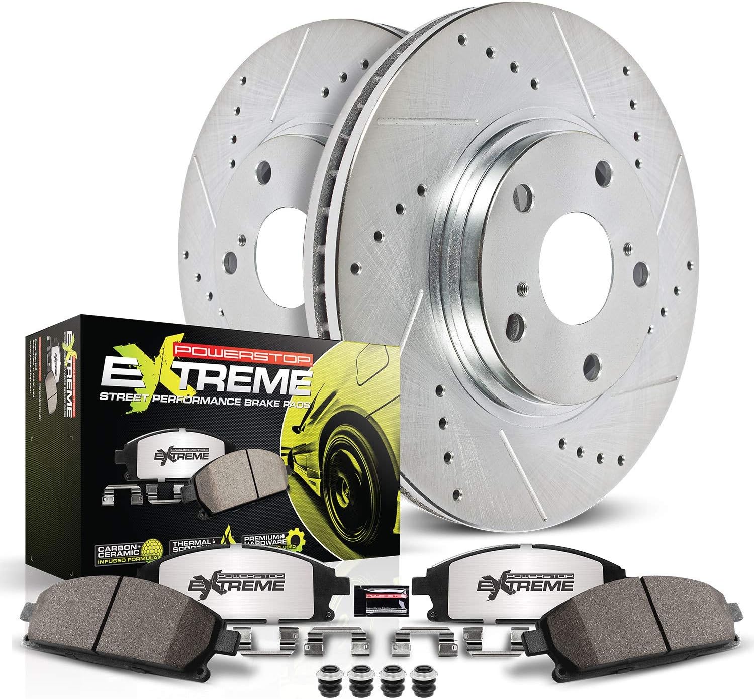 PowerStop Front Brake Kit for Audi A3 2015-16 |Audi A3 Quattro 2015-18 |Audi A3 Sportback e-tron 2016-18 - Carbon-Fiber Ceramic Z26 Brake Pads + Drilled & Slotted Rotors Upgrade, K7080-26