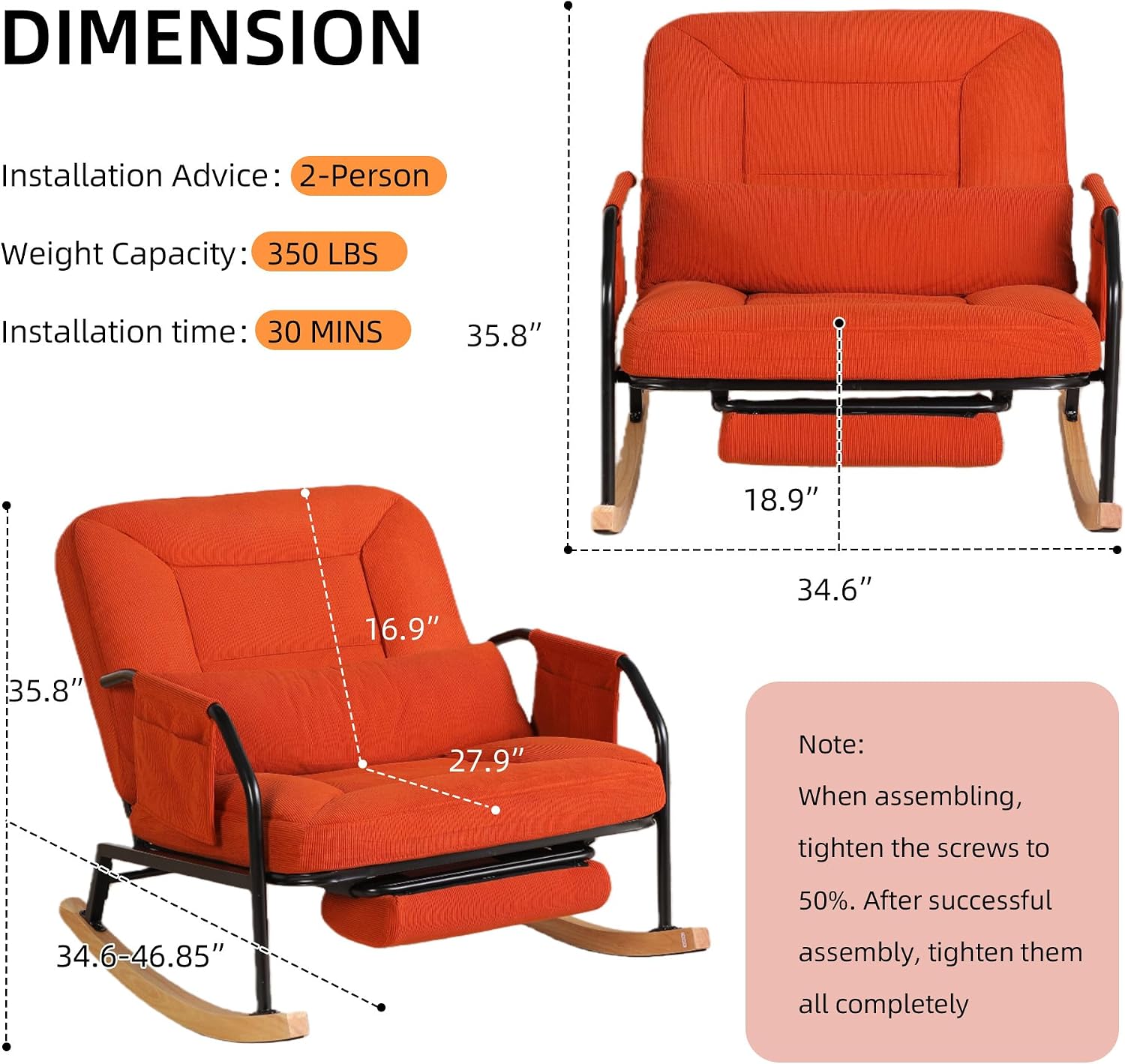 Oversized Rocking Chair, Extra-Wide Glider Patio Rocker Chairs with Foot Rest, Padded Cushion, Adjustable Backrest, Mental Wooden Farm, Indoor/Outdoor Living Room Bedroom Balcony Porch, Orange