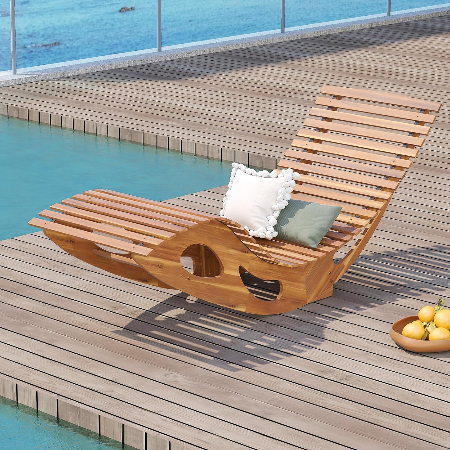 Giantex Acacia Wood Outdoor Rocking Chair, Patio Lounge Chair with Ergonomic Curved & Slatted Seat, High Back, Bottom Stopper, Outside Chaise Lounge, 63'x23.5'x26' Pool Lounger for Porch, Yard (1)
