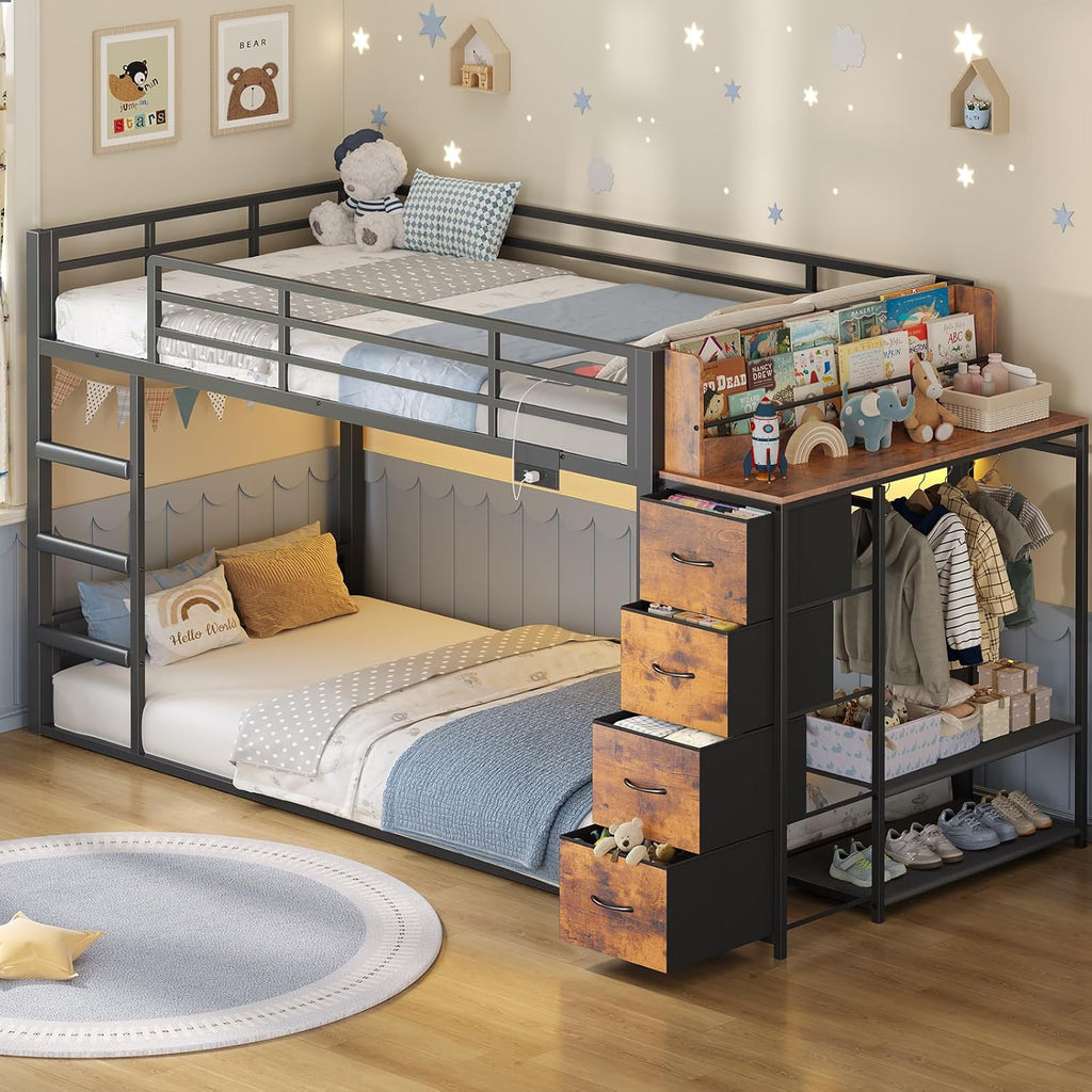 ADORNEVE Low Bunk Bed Twin Over Twin with Bookshelf, 4 Storage Drawers, Metal Kids Bunk Bed with Power Outlet & RGB Lights, Clothing Rack & Shelves, Safety Guardrail & Ladder, Black