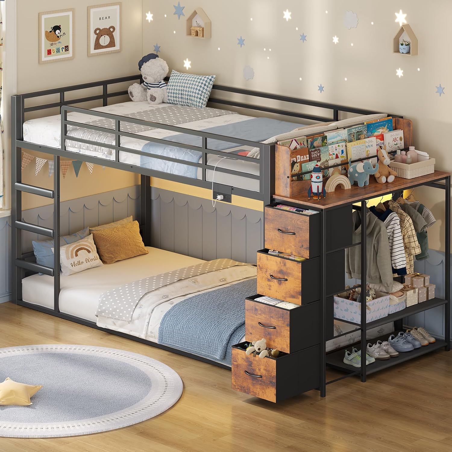 ADORNEVE Low Bunk Bed Twin Over Twin with Bookshelf, 4 Storage Drawers, Metal Kids Bunk Bed with Power Outlet & RGB Lights, Clothing Rack & Shelves, Safety Guardrail & Ladder, Black