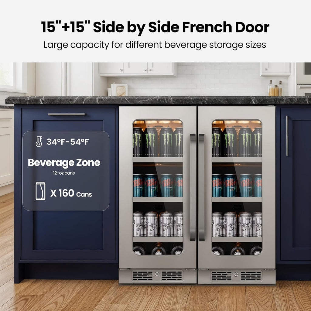 30 Inch Beverage Refrigerator 160 Cans Beverage Fridge Drink Fridge with Glass Door 3 LED 34-54 ℉ Beverage Cooler Built-in or Freestanding Adjustable Shelves for Home/Kitchen(6.0 cu.ft)