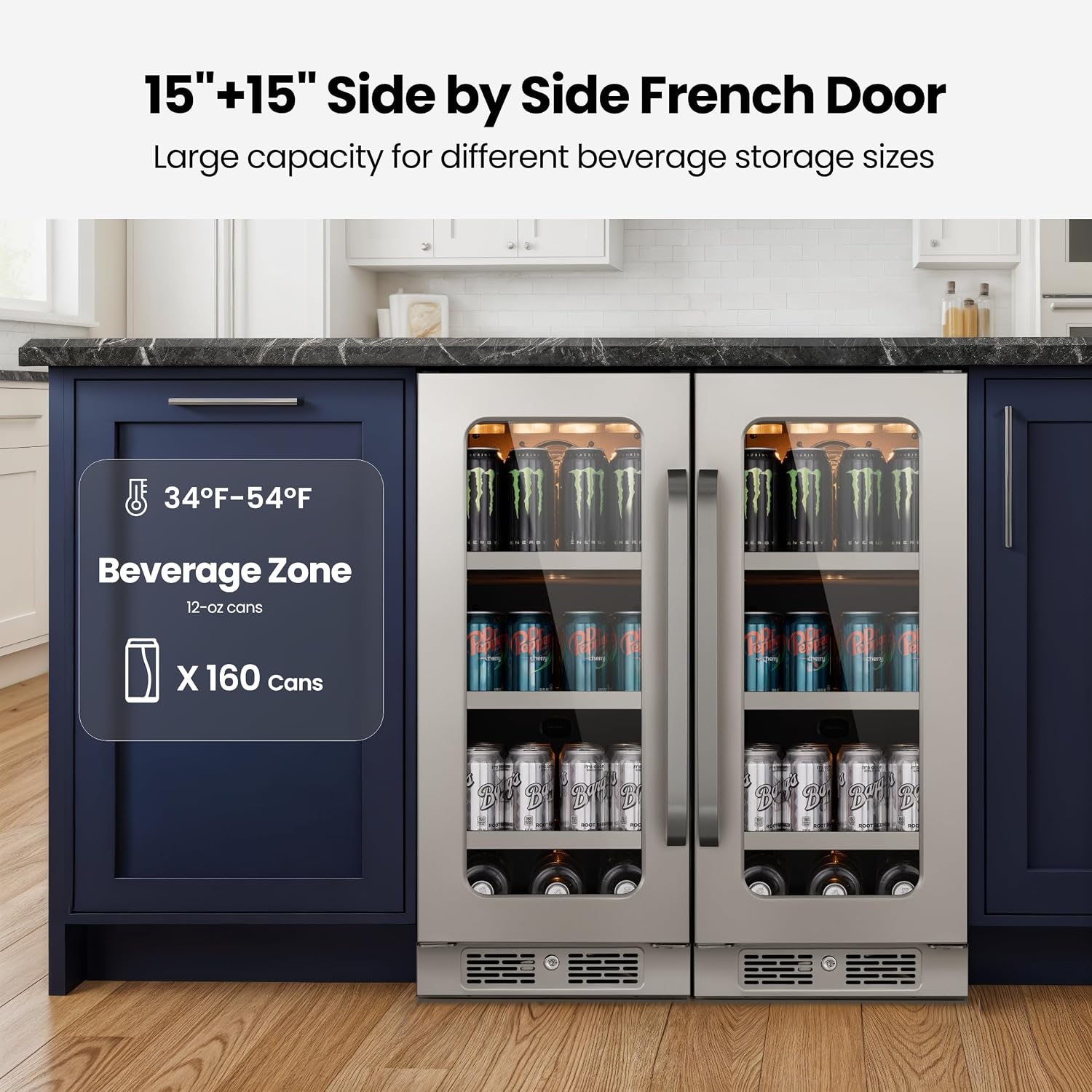 30 Inch Beverage Refrigerator 160 Cans Beverage Fridge Drink Fridge with Glass Door 3 LED 34-54 ℉ Beverage Cooler Built-in or Freestanding Adjustable Shelves for Home/Kitchen(6.0 cu.ft)