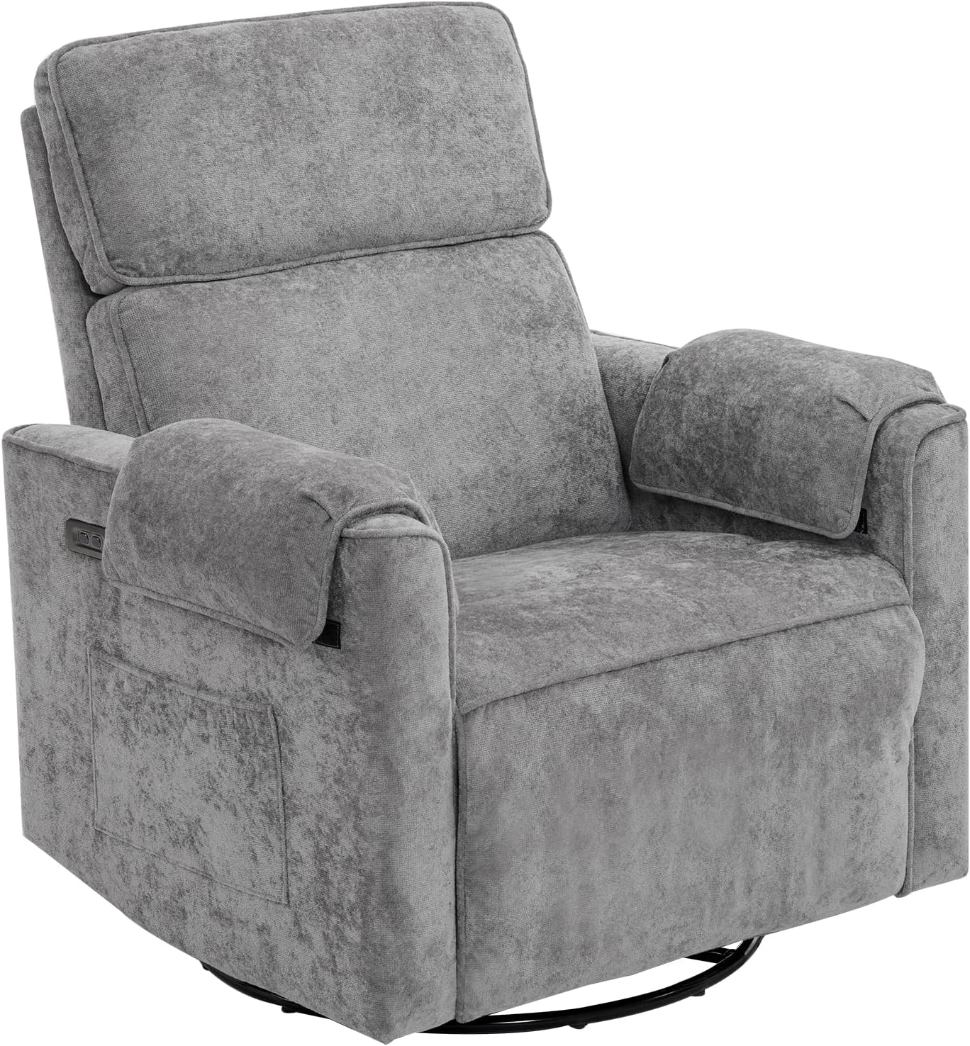 Chenille Rocking Chair Nursery with Adjustable Headrest, 24' Extra Wide Swivel Rocker Recliner with Overstuffed Armrest, Oversized Power Rocker Recliner with USB Ports, Grey