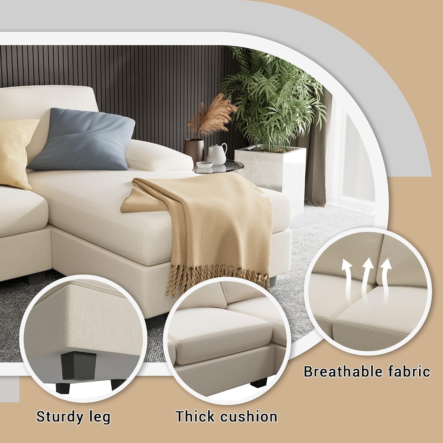Furniwell Convertible Sectional Sofa Couch, 4 Seat Sofa Set for Living Room U-Shaped Modern Fabric Modular Sofa Sleeper with Double Chaise & Memory Foam (Fabric, White)