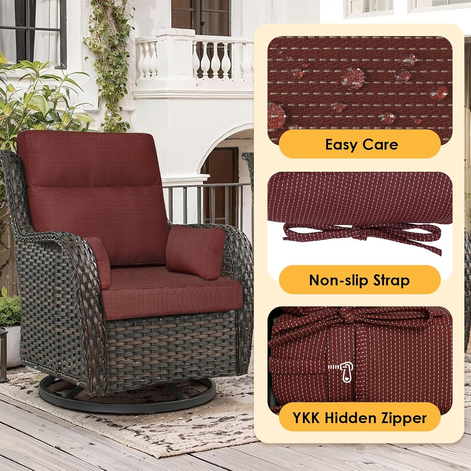 Outdoor High Back Chair Cushion, 2 Pack 48 x 24 inches Patio Chair Cushions Water Repellent Rocking Cushions Indoor Furniture Seat Pad with 2 Pillows, Tan Dotted Red Base