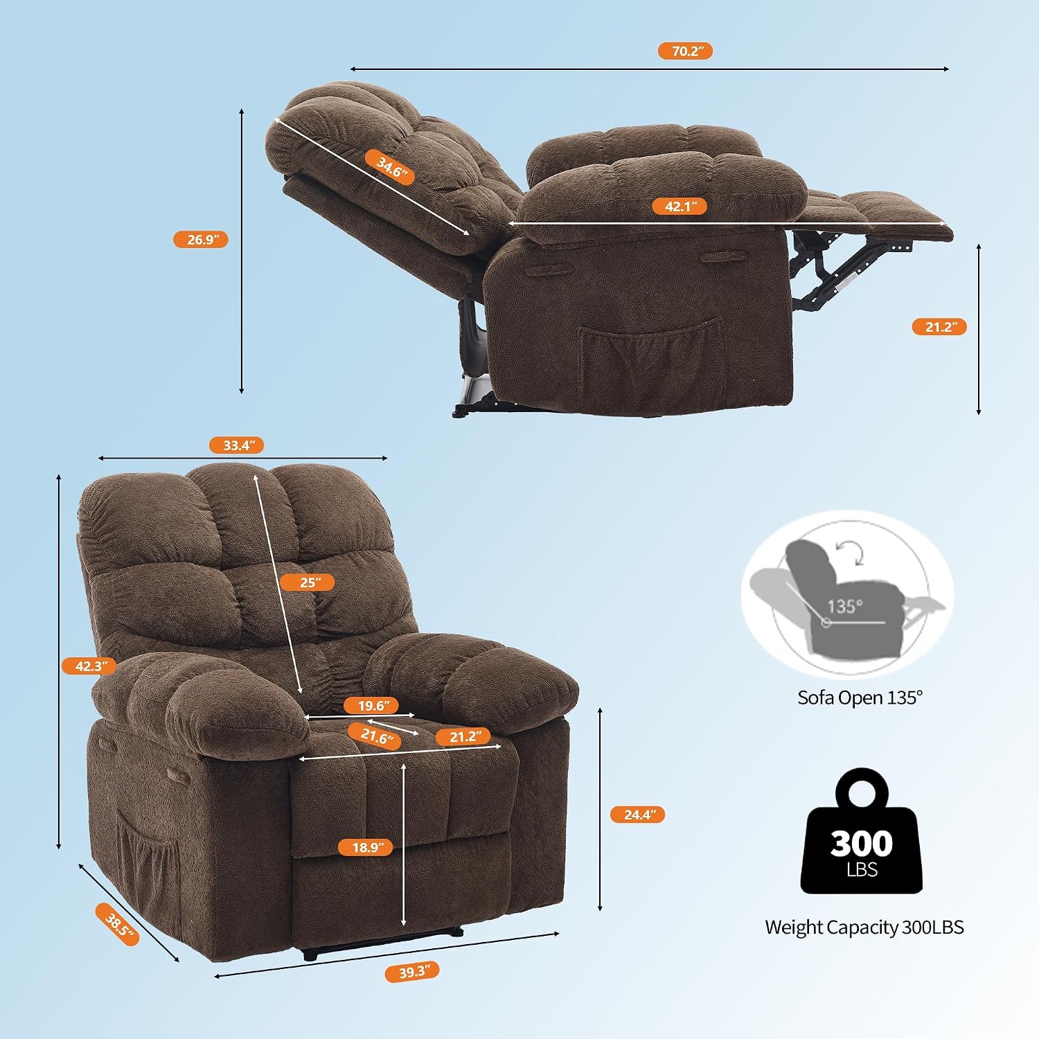Manual Recliner Chair, Oversized Recliner for Adults with Extra Wide Arm and Back, Lazy Boy Recliner with Side Pockets, Comfy Breathable Fabric Large Nursery Rocking Chair for Living Room Bedroom