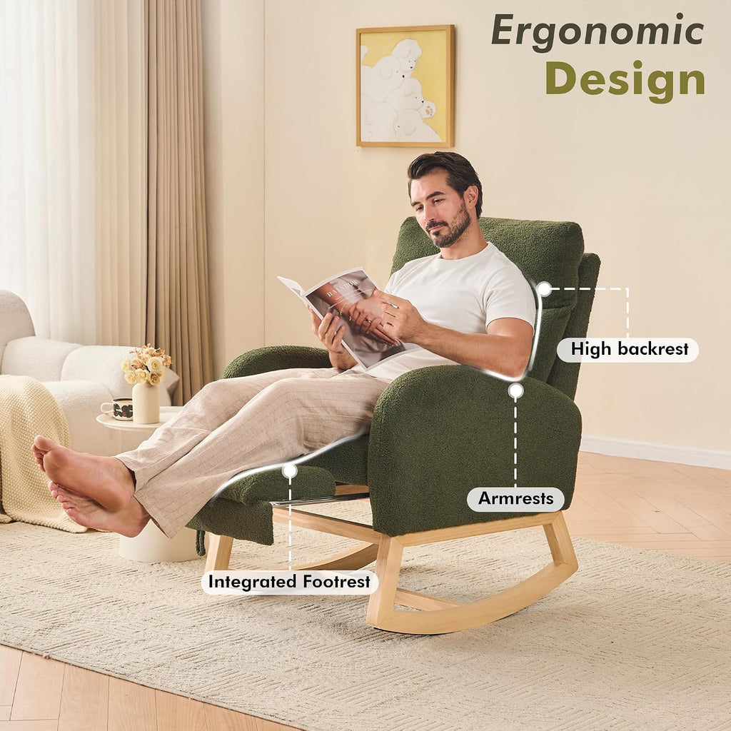 FOXHUNTER Rocking Chair for Nursery with High Backrest & Foot Rest-Nursery Rocking Chairs with Side Storage Pocket for Breastfeeding,Modern Glider Chair for Baby Bedroom,Living Room,Teddy Green