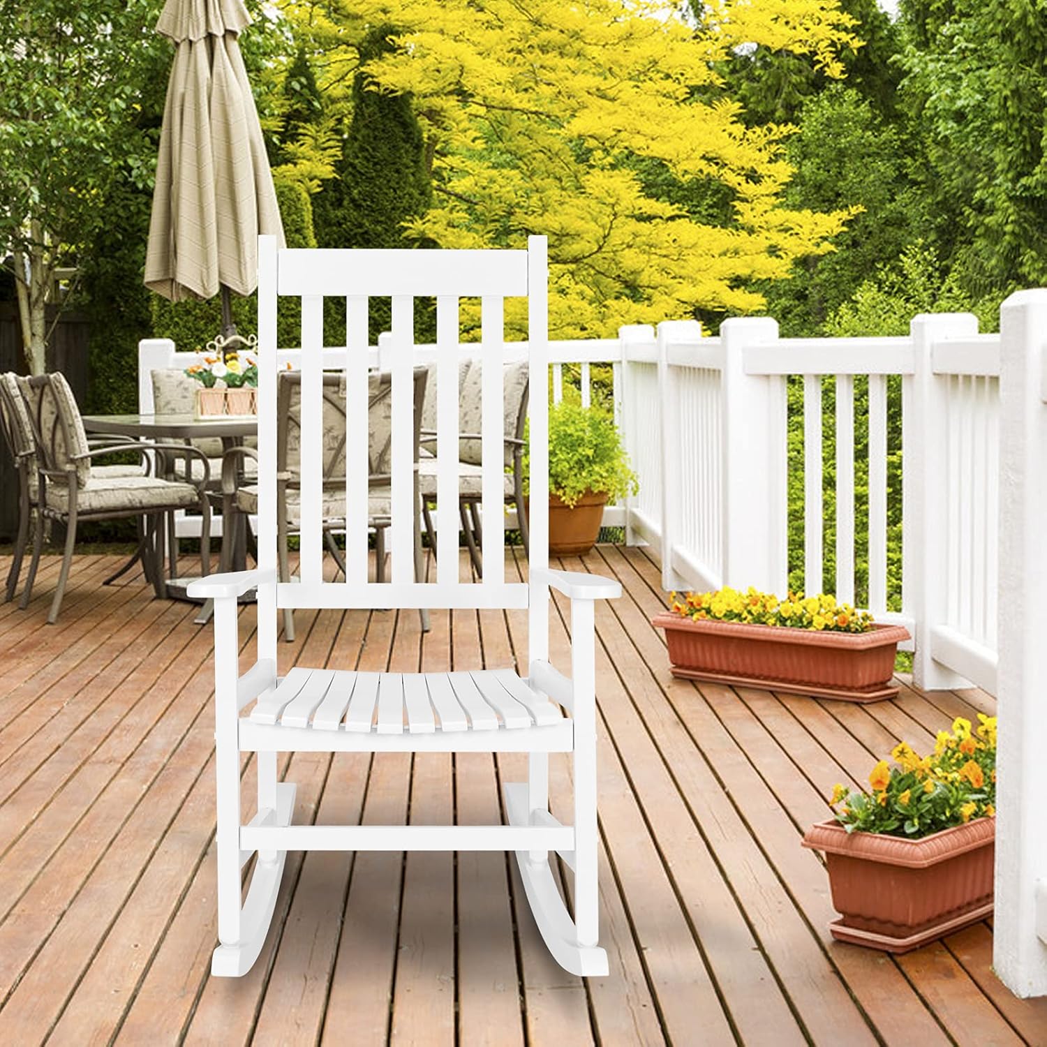 VINGLI 2PCS Wood Rocking Chairs Relaxing Rocker Real Wood High Back Seat for Deck, Garden, Backyard, Porch, Indoor or Outdoor Use, White
