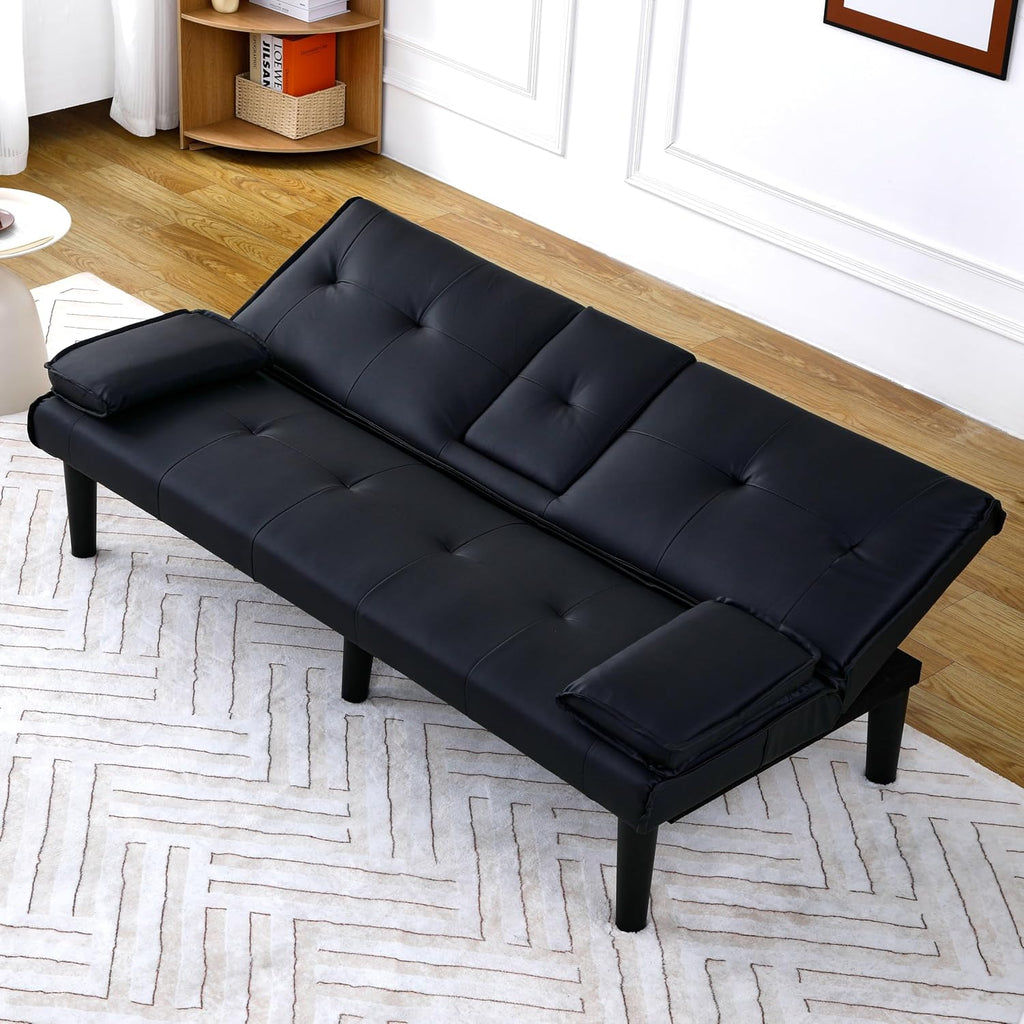 KEIKI 3 in 1 Convertible Sleeper Sofa Bed, PVC Loveseat with Cup Holder, Foldable Futon Sofa Bed for Living Room, Guest Room, Dorm, Black