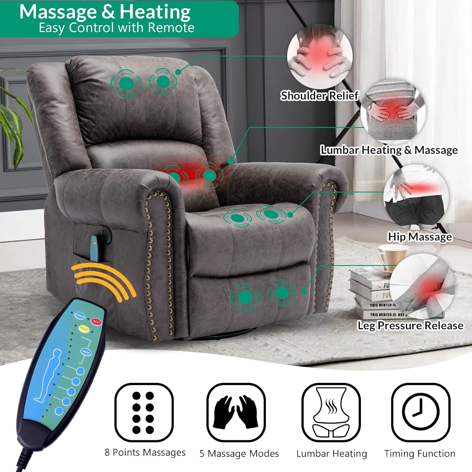 VIVIJASON Massage Swivel Rocker Recliner Chair with Heat & Vibration, 360° Swivel Manual Glider Rocking Reclining Chair with Remote Control, Side Pockets & USB Ports for Living Room, Smoky Gray