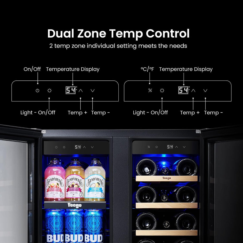 Yeego Wine and Beverage Refrigerator 24', Dual Zone Beverage Cooler Wine Fridge with Upgrade Quiet Cooling, Anti-UV Glass Door, 20 Bottles & 60 Cans Large Capacity, Built-in/Freestanding/Undercounter