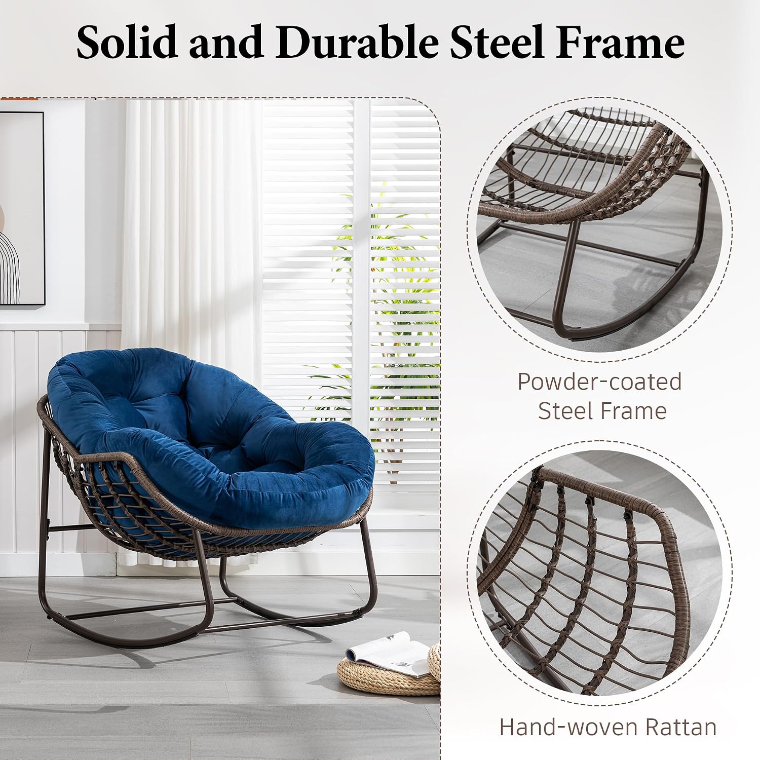 Large Indoor Outdoor Rocking Chair, Oversized Rocking Papasan Chair with Thick Cushion and Frame Outdoor Rocker, Comfy Wicker Egg Chairs Lounge for Outside Porch Patio Backyard (Blue, Set of 2)