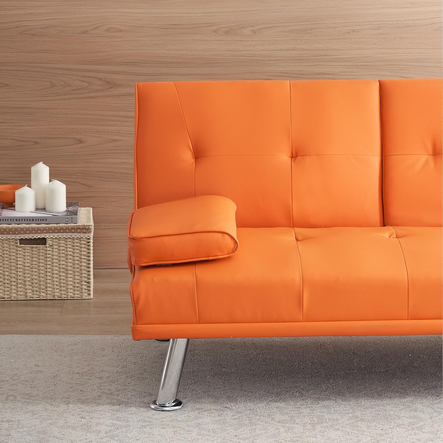 70' Futon Sofa Bed,Multifunctional Convertible Folding Futon Sofa Bed with Coffee Table, 3 Adjustable Reclining Sleeper Sofa, Small Leather Couch for Living Room/Bedroom Small Spaces (Orange)