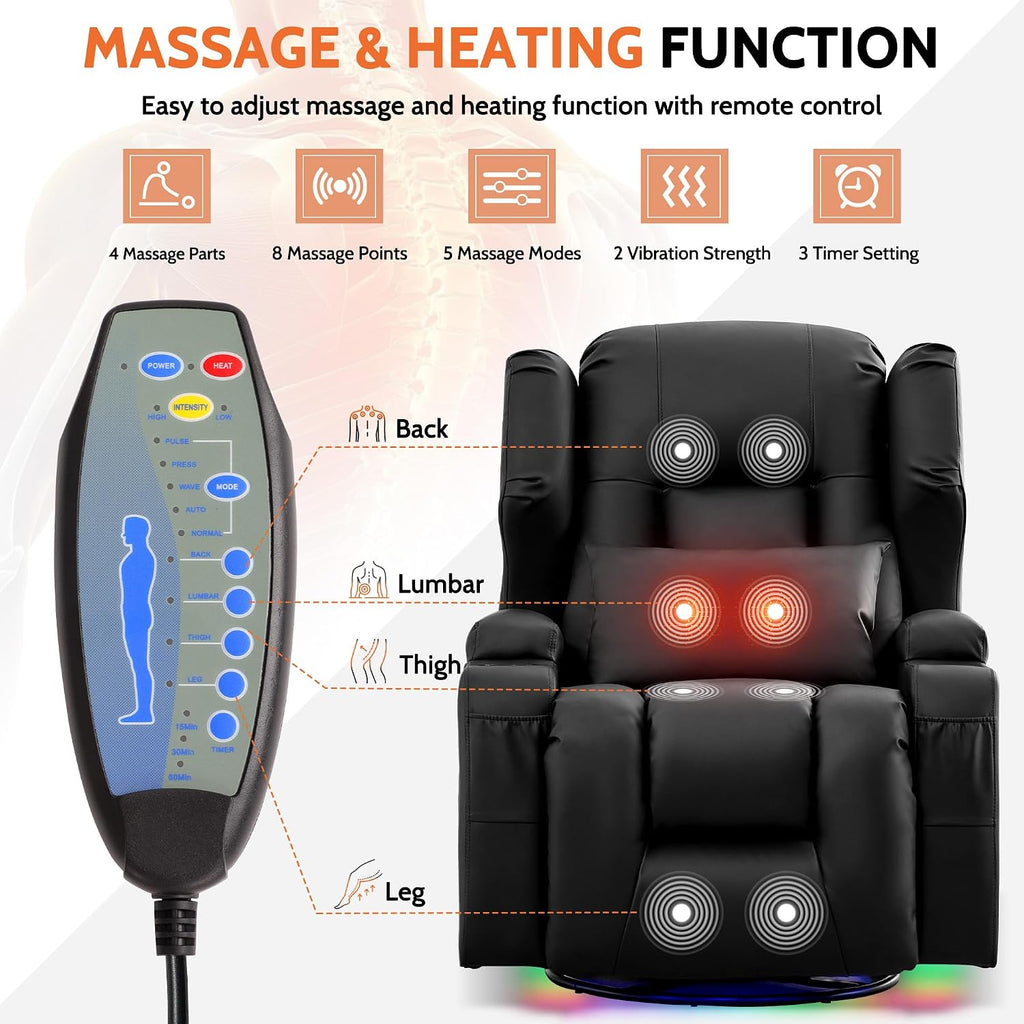 BINGTOO Dual Motor Power Swivel Rocker Recliner Chair with Massage & Heat, Electric Wall Hugger Glider Chair for Adults, Nursery with LED Lights, USB-C Ports & Cup Holders, Faux Leather Black, 1 Chair