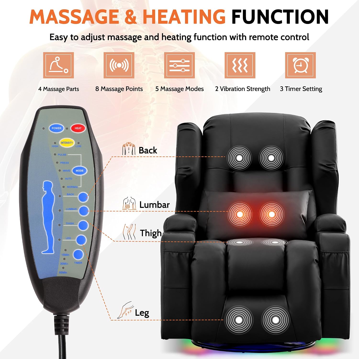 BINGTOO Dual Motor Power Swivel Rocker Recliner Chair with Massage & Heat, Electric Wall Hugger Glider Chair for Adults, Nursery with LED Lights, USB-C Ports & Cup Holders, Faux Leather Black, 1 Chair