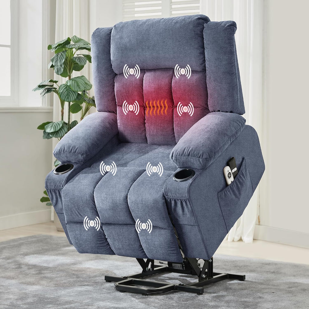 Power Lift Recliner Chair for Elderly Adults 8-Point Massage Lumbar Heating 90/120/150° 3 Recline Positions Motorized Lift Assist Remote Control 2 Side Pockets 2 Cup Holders USB Charging Ports