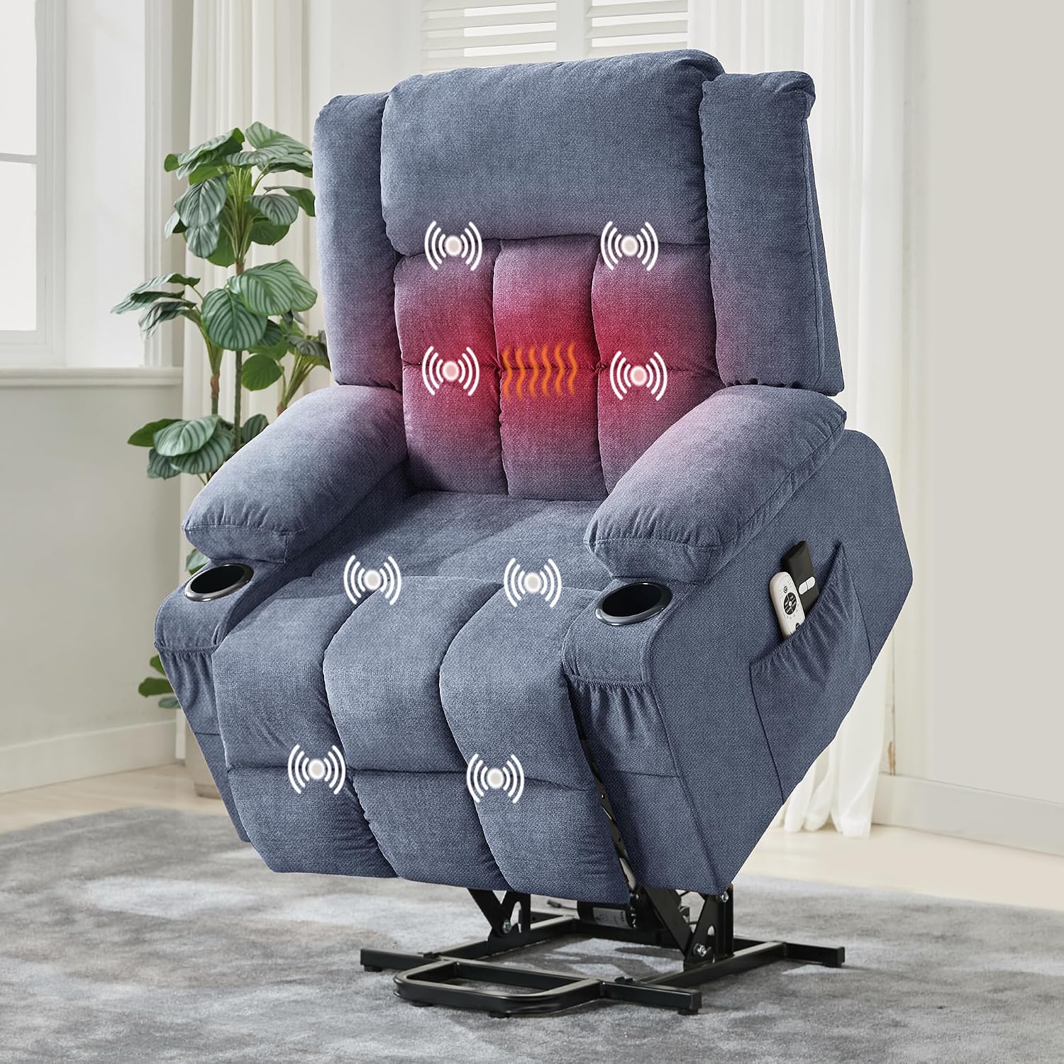 Power Lift Recliner Chair for Elderly Adults 8-Point Massage Lumbar Heating 90/120/150° 3 Recline Positions Motorized Lift Assist Remote Control 2 Side Pockets 2 Cup Holders USB Charging Ports