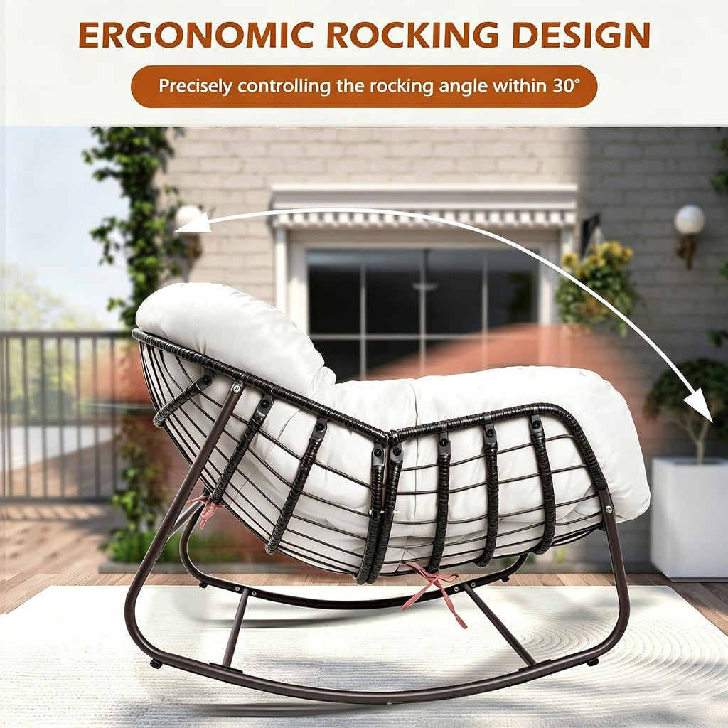 Papasan Rocking Chair Indoor & Outdoor, Oversized Egg-Shaped Papasan Rocker with Cushion & Pillow, All-Weather Wicker Patio Lounge Chair for Garden, Porch, Living Room (White)