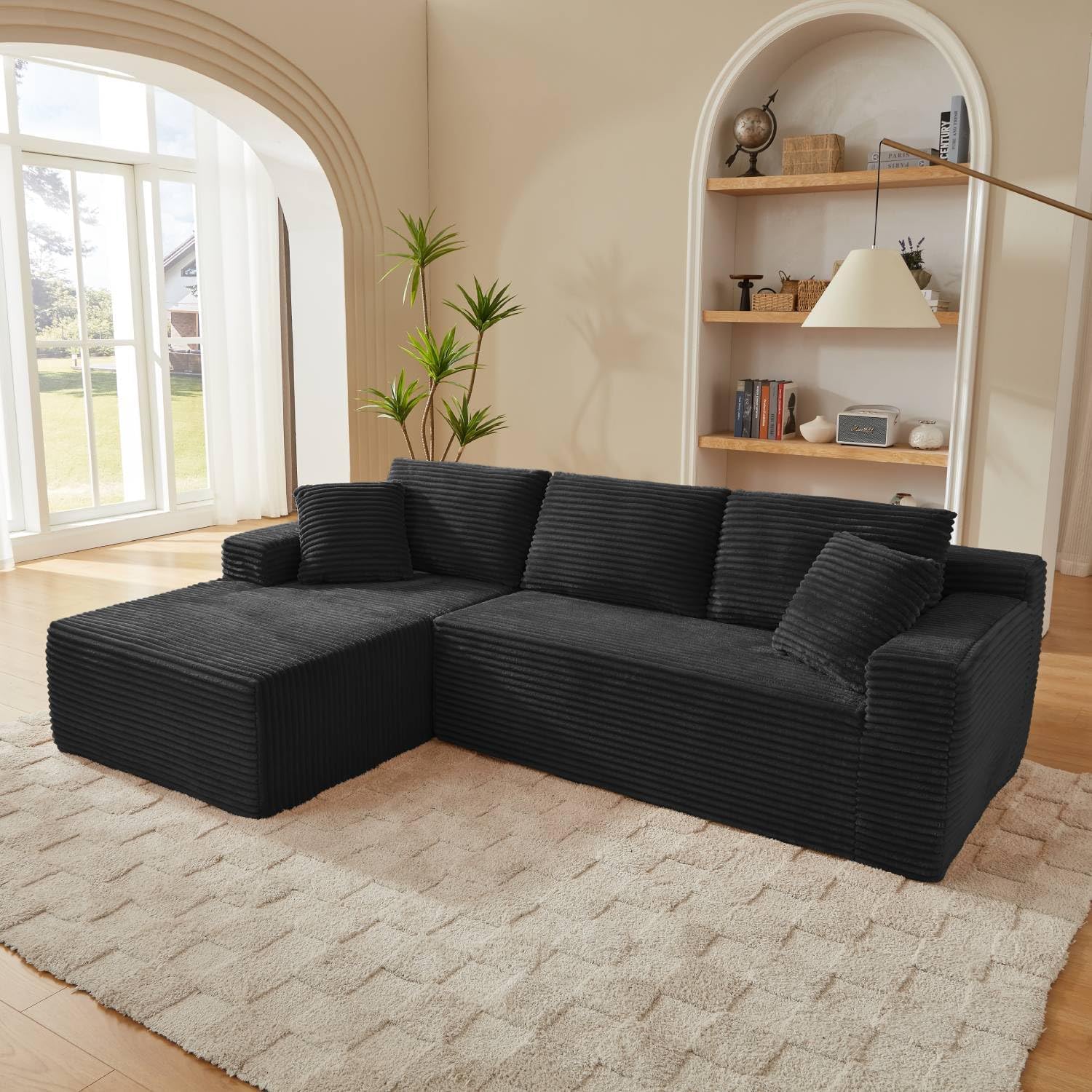 Cloud Couch Sectional, L Shaped Boneless Couch Sectional Couches for Living Room, Modern Comfy Corduroy Fluffy Modular Sofa with Deep Seat, No Assembly (Black, Left Facing Chaise)