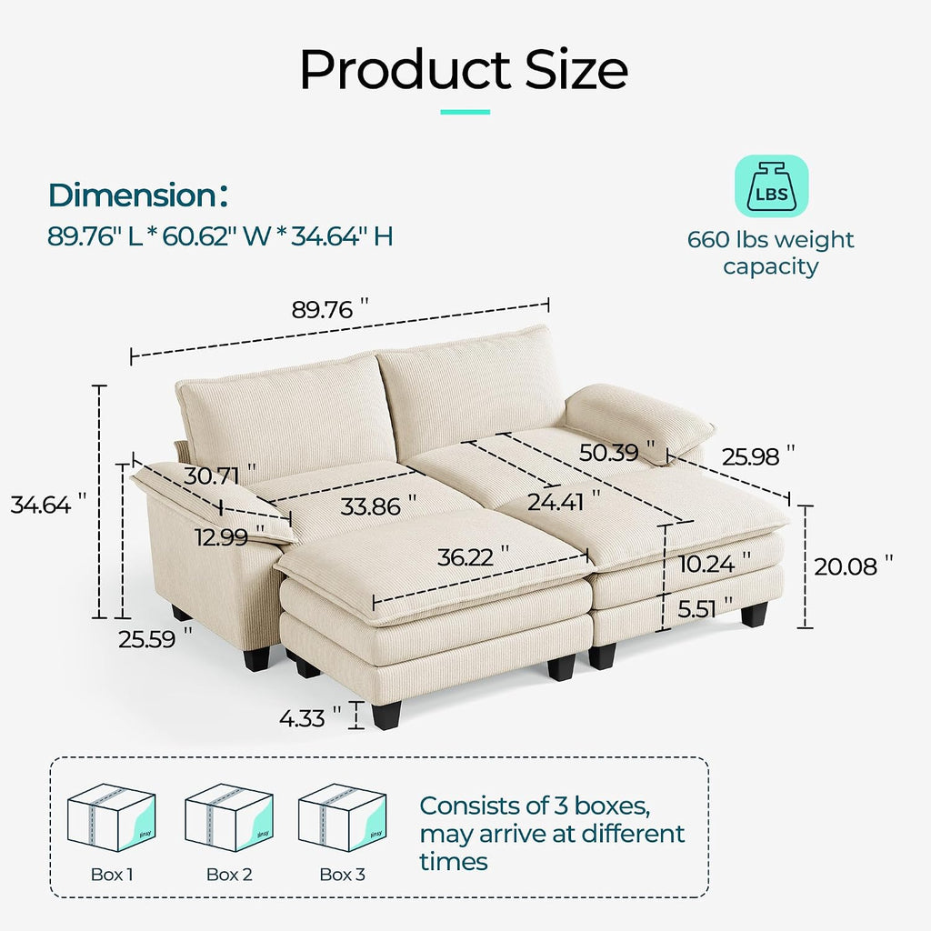 LINSY HOME 90' Modular Cloud Love Seat Sofa, Corduroy Soft Sectional Couch, Modern Comfy Love Seat with 2 Movable Ottoman, Perfect for Living Room, Apartment, Office, Beige