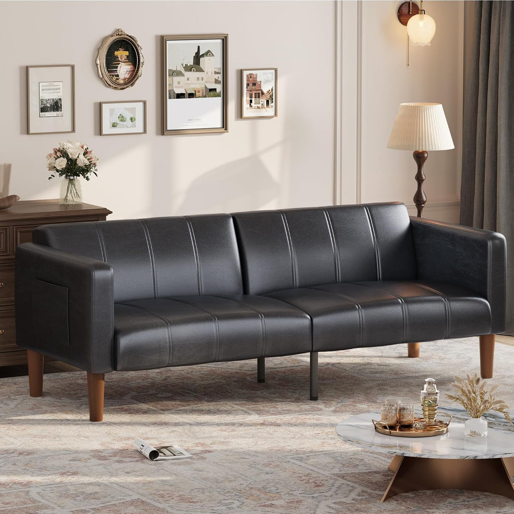 GarveeHome Futon Sofa Bed, 75-Inch Modern Faux Leather Convertible Couch, Mid-Century Loveseat for Small Space, Living Room, Bedroom, Black