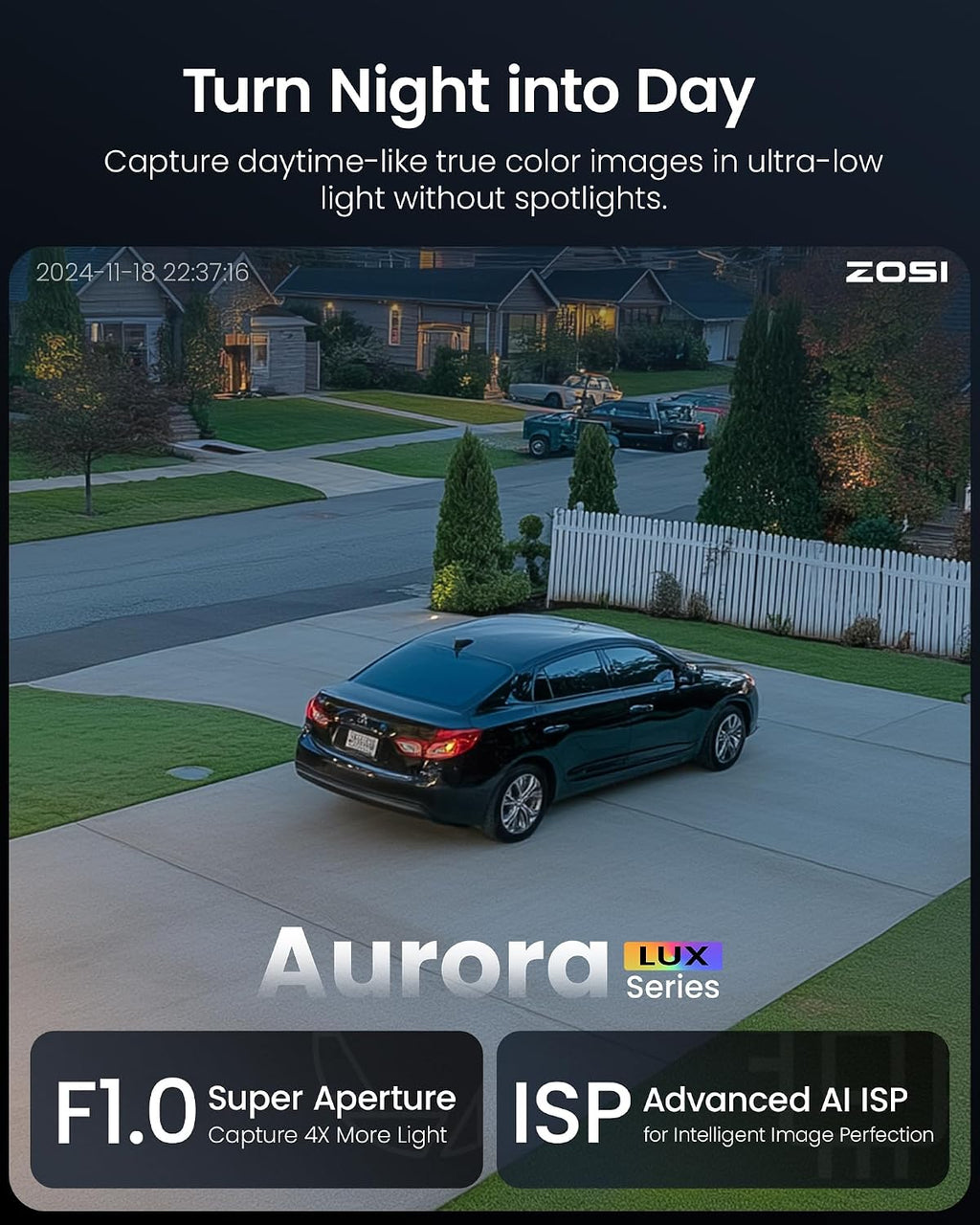 ZOSI 4-Pack 4K PoE Security Camera C186 Aurora Lux,8MP Outdoor Indoor,True Color Night Vision,Person/Vehicle Detection,2-Way Audio,Includes Ethernet Cables,Only Compatible with ZOSI 4K PoE NVR