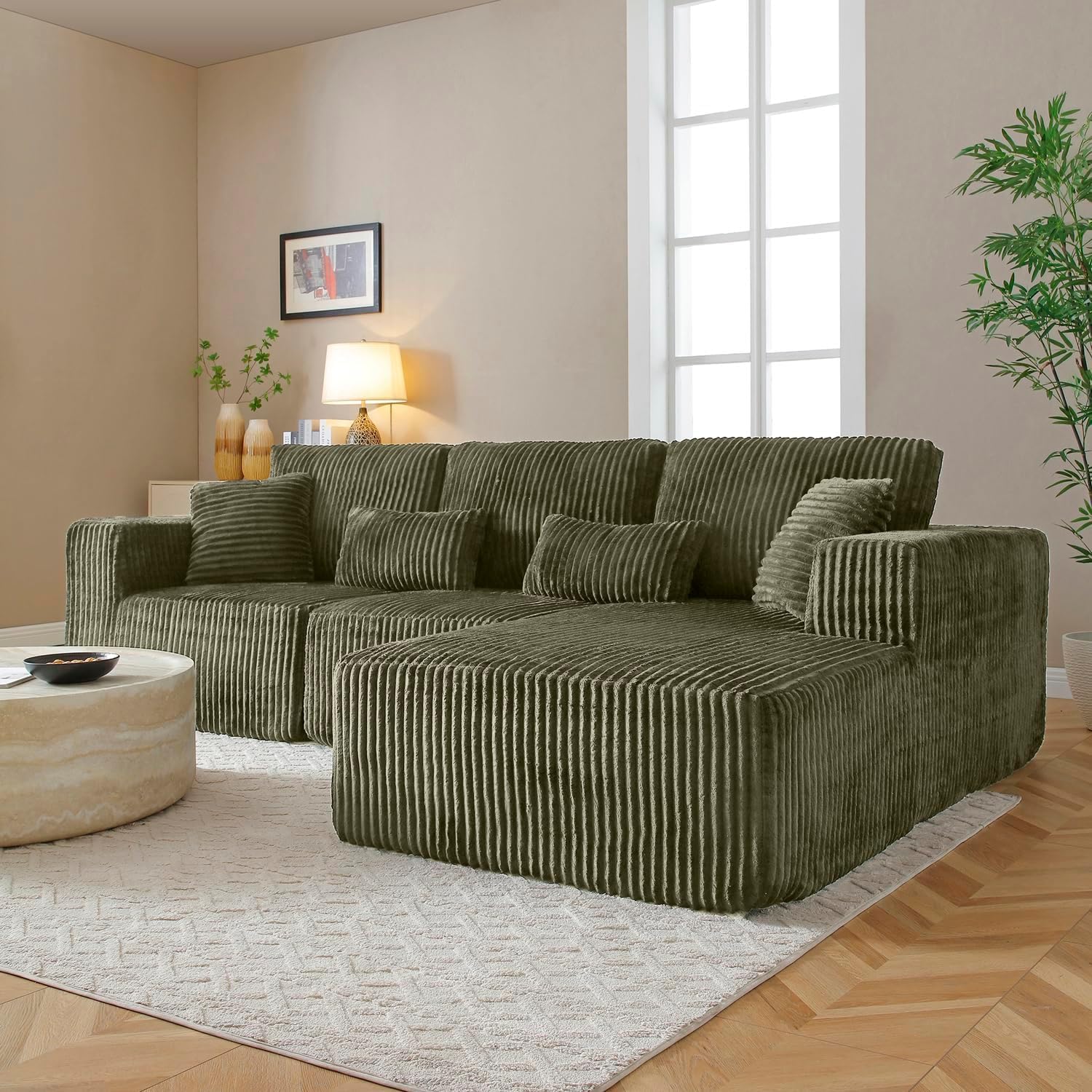 110' Cloud Couch Sectional, L Shaped Boneless Couch Sectional Couches for Living Room, Modern Comfy Corduroy Fluffy Modular Sofa with Deep Seat, No Assembly (Green, Right Facing Chaise)