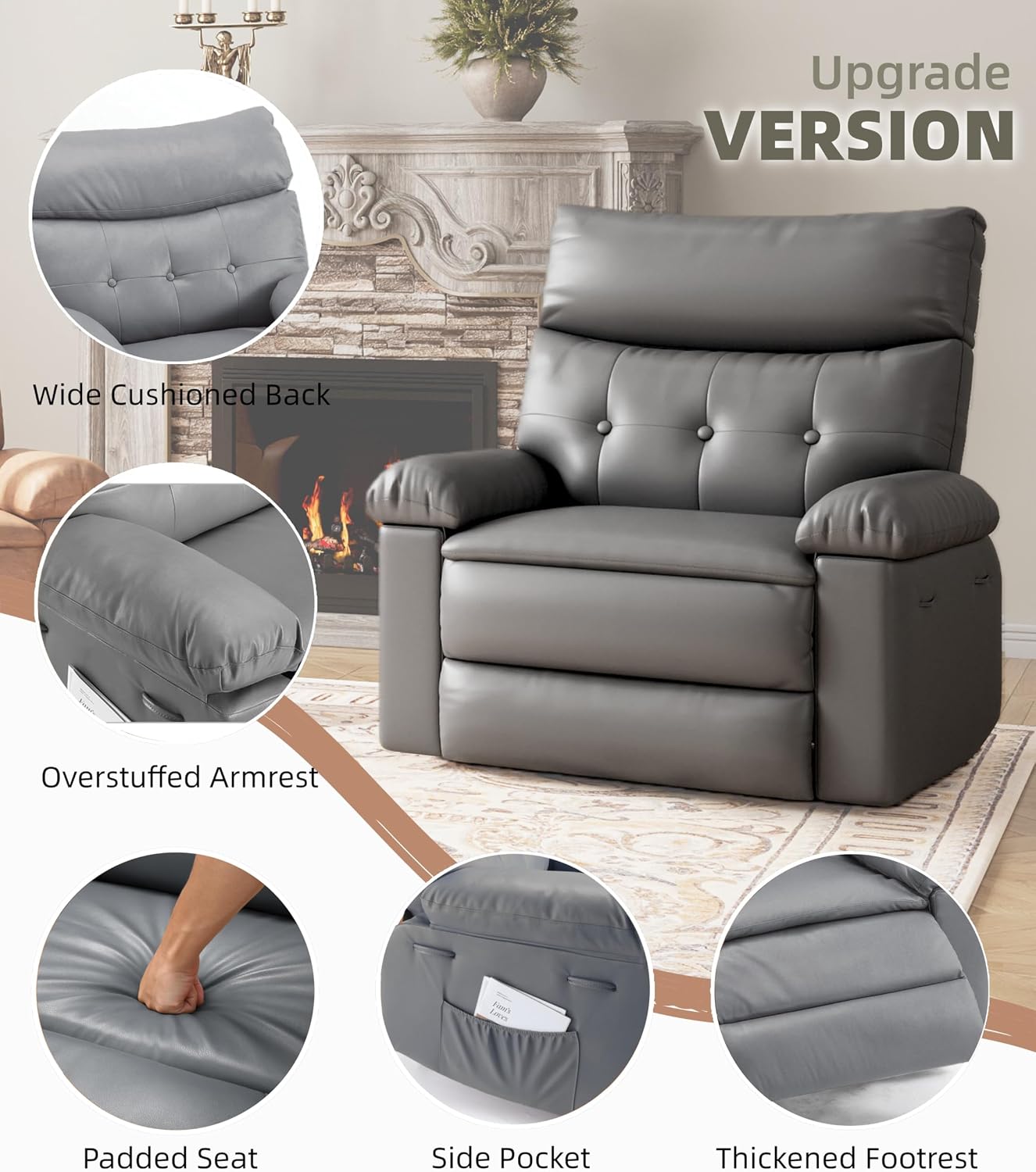 Garvee Oversized Wide Rocker Swivel Recliner Chair - PU Leather Manual Recliner for Adults, Large Nursery Glider Chair Lazy Recliner with Comfort Arm and Back for Living Room, Bedroom