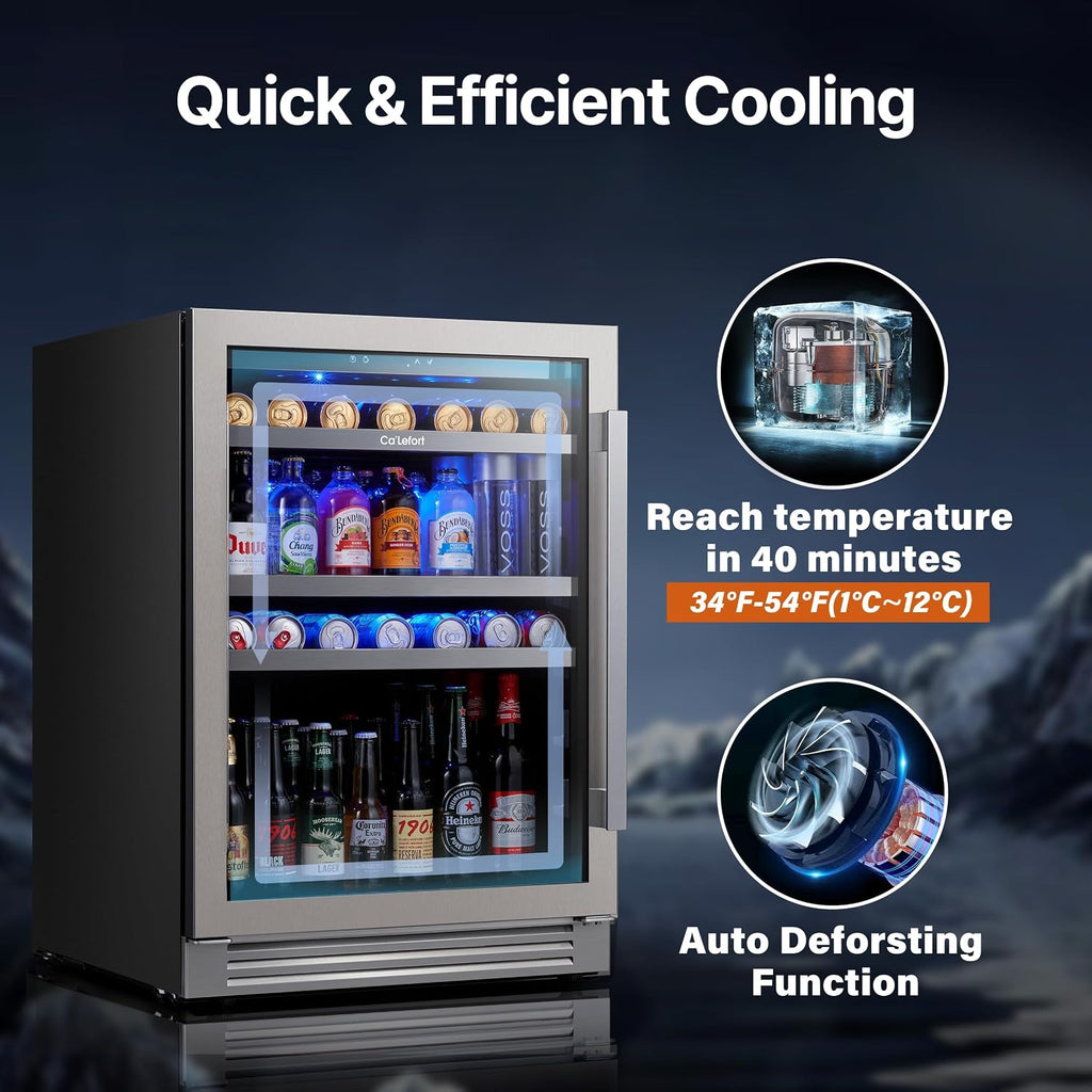Ca'Lefort 24 Inch Beverage Refrigerator, 180 Can 34°F -54°F Beverage Fridges, Drink Fridge with Glass Door 3 LED Beverage Coolers Built in or Freestanding, Perfect for Home/Kitchen(Left-Hinged)