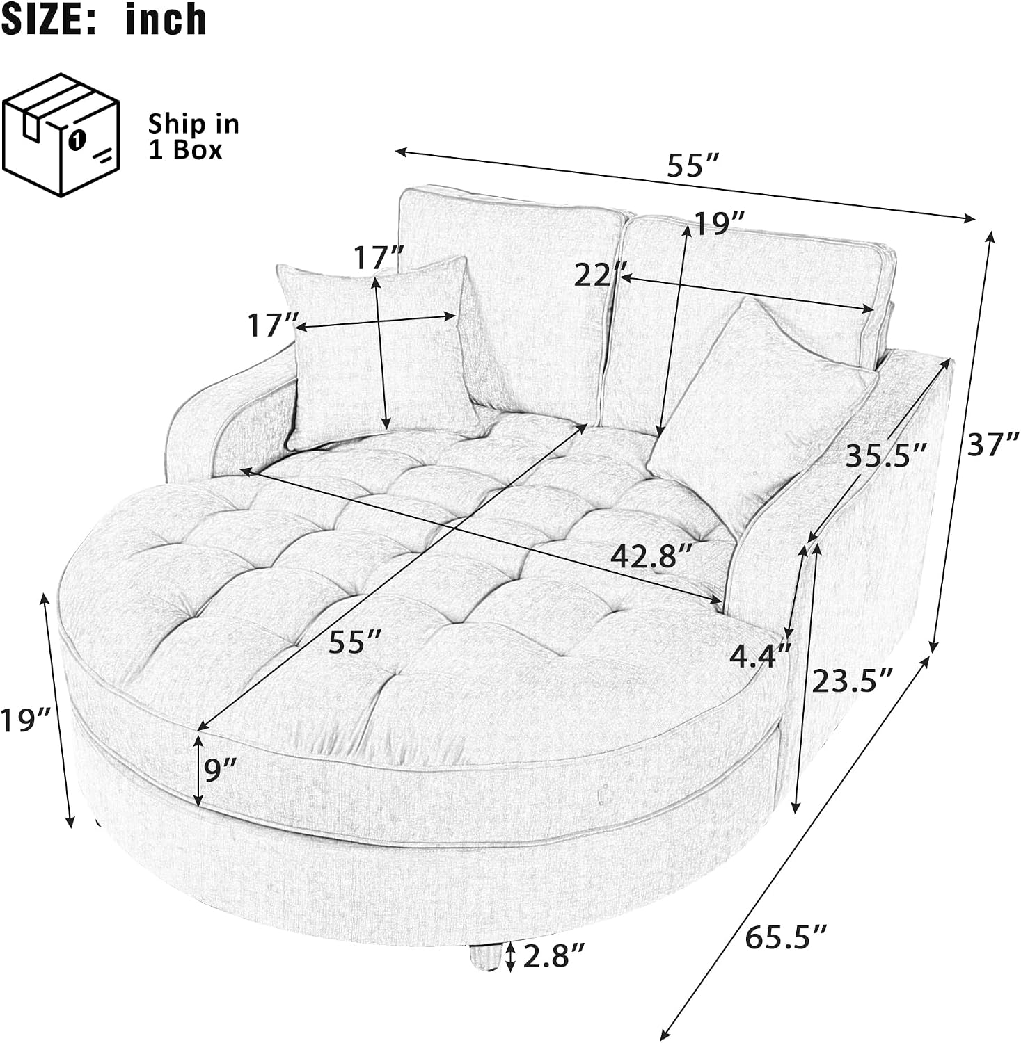 Merax 55' Modern Chaise Lounge Sofa Bed, Chenille Upholstered Couch with Tufted Seat and Removable & Adjustable Pillows for Living Room, Misty Green