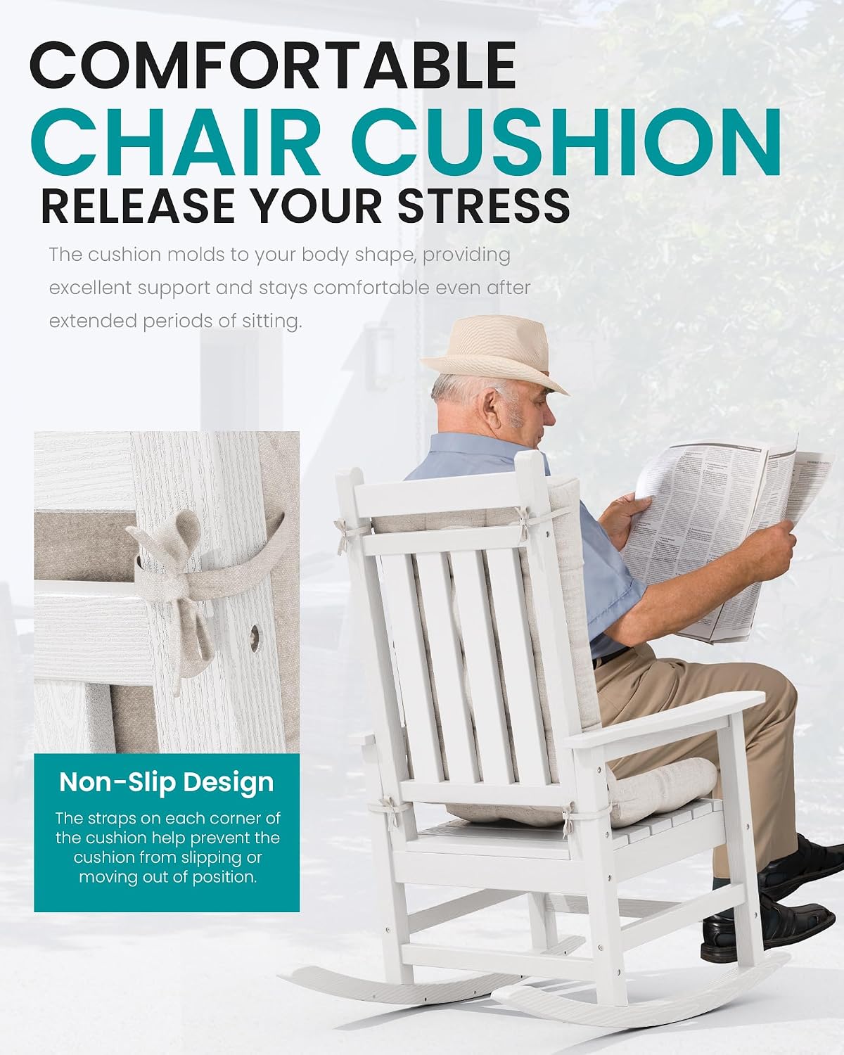 SERWALL HDPE Outdoor Rocking Chair Cushion Set of 4, Memory Foam Cushion Beige