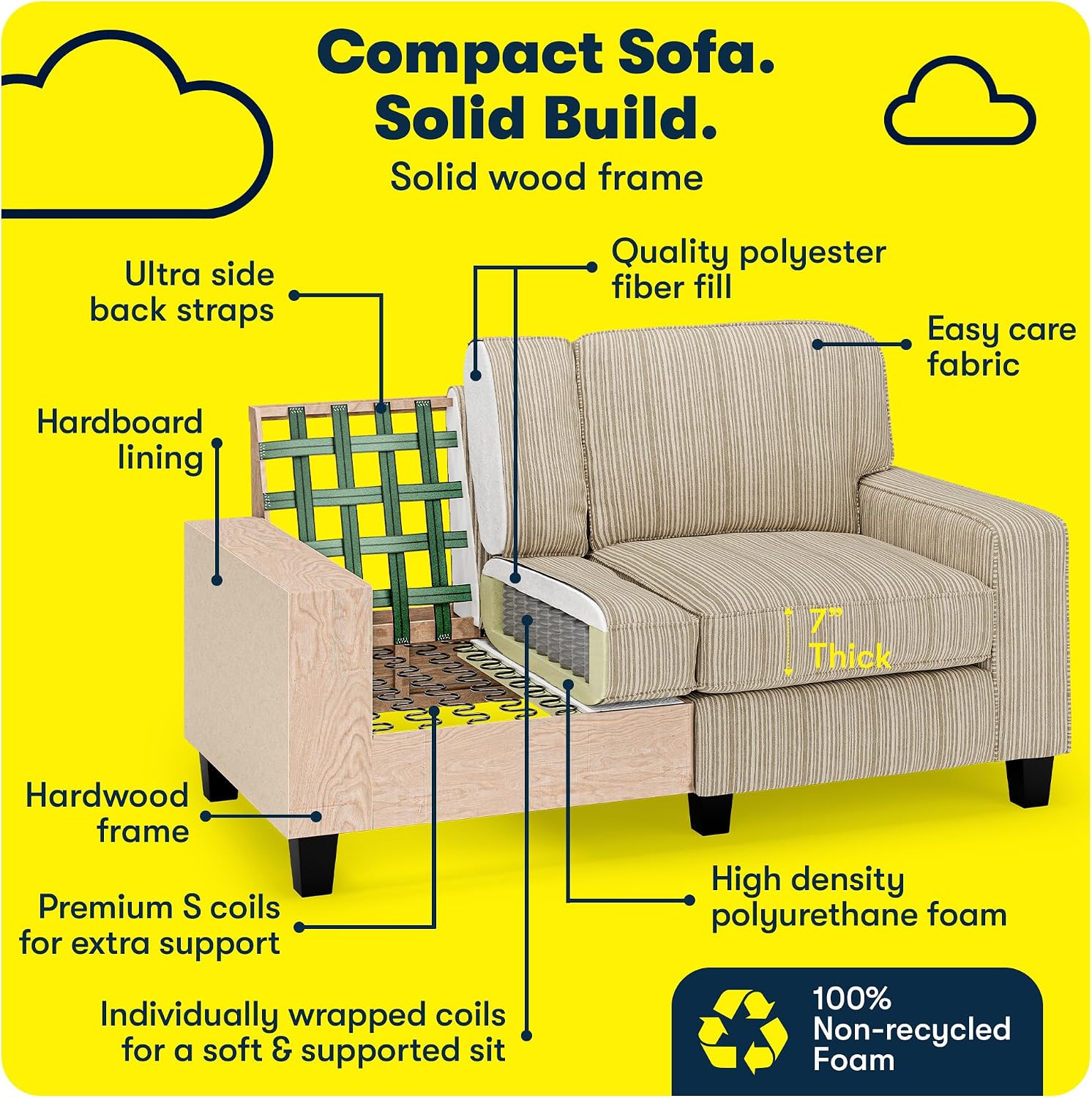 Serta Palisades 61' Track Arm Sofa, Easy Care Polyester, Soft Pillow Back, Pocket Coil Seat Cushions, Removable Covers, Loveseat or Couch for Small Spaces, Living Rooms or Bedrooms, Beige