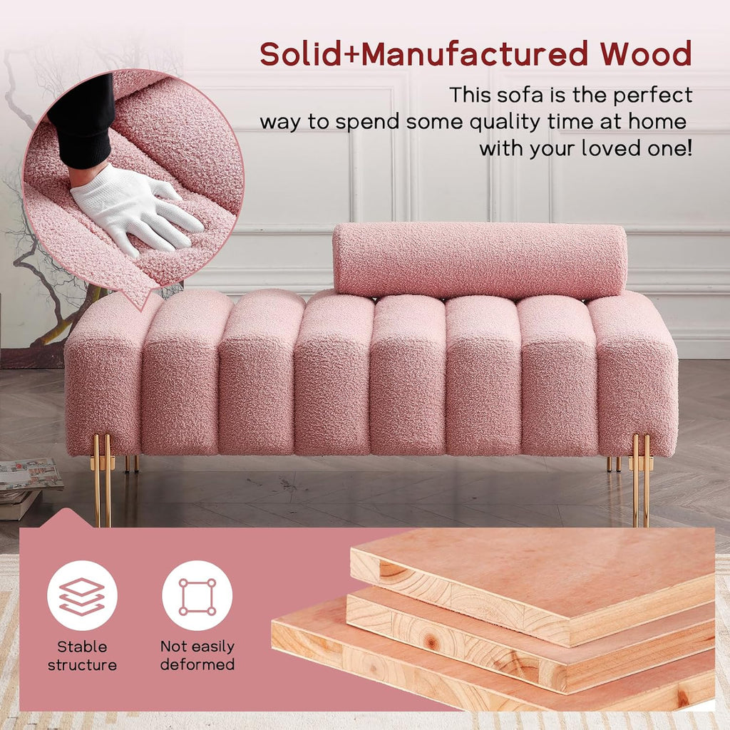 NIOIIKIT 53.2' Modern Loveseat Sofa Couch, Upholstered Accent Sofa with Golden Legs and Adjustable Backrest, Small Teddy Fleece Couches for Bedroom, Living Room, Compact Small Space (Pink Teddy)