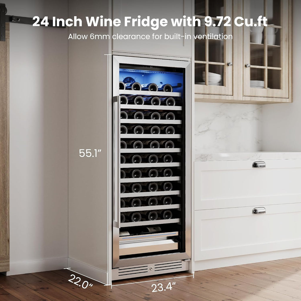 Yeego 24 Inch Wine Fridge – 40°F-65°F Wine Cooler Refrigerator, 304 Stainless Steel Glass Door Lock, Temperature Memory Blue & White LED Built-in Wine Fridge with Adjustable Shelves (89 Bottle)