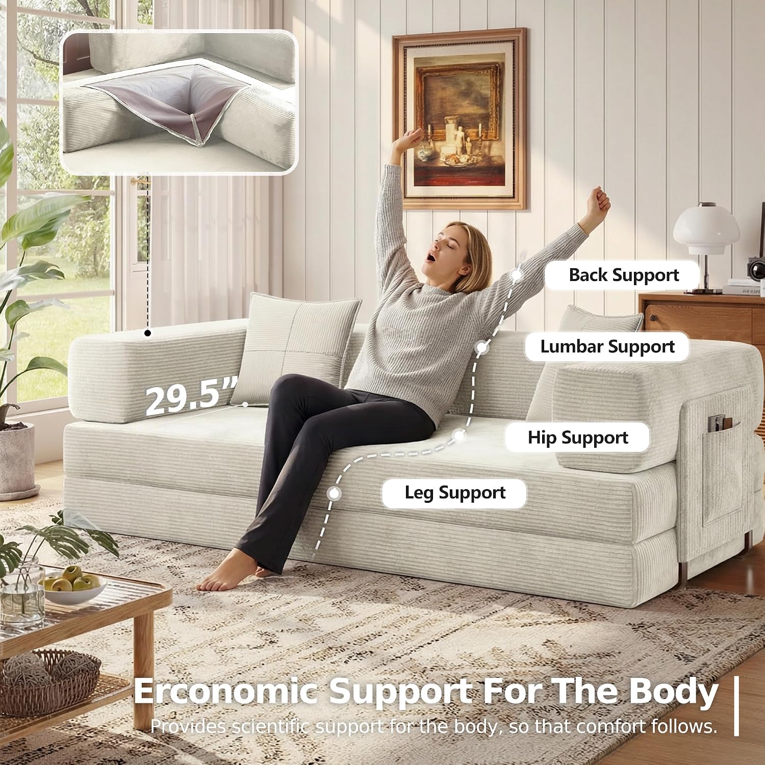 MoonSpeak 78.8''Sleeper Couch Bed for Livingroom,Convertible Modular Sofa with Armrest Pillow,Modular Foldable Corduroy Couches in a Box,No Assembly (White)