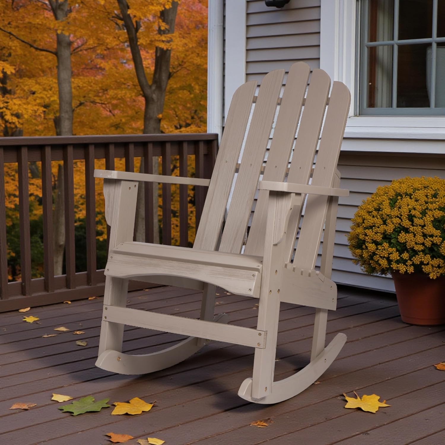 Shine Company Marina Adirondack Porch Rocker, Indoor Outdoor Wood Rocking Chair, Graystone