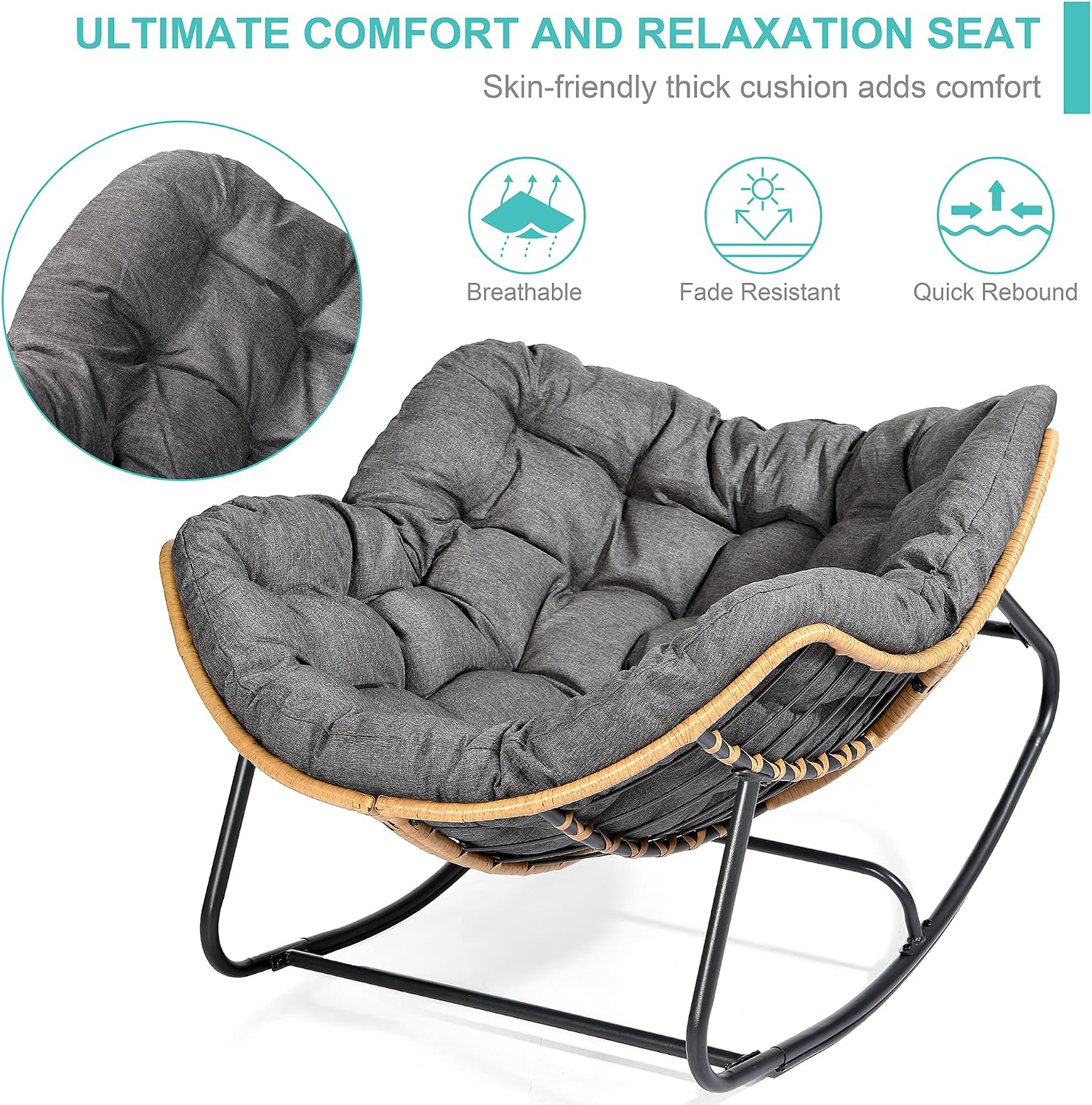SWITTE Outdoor Rocking Chair, Indoor Papasan Rocking Lounge with Thick Cushion, Oversized Cozy Patio Rocker for Bedroom, Living Room, Porch, Garden, Lawn-Dark Grey